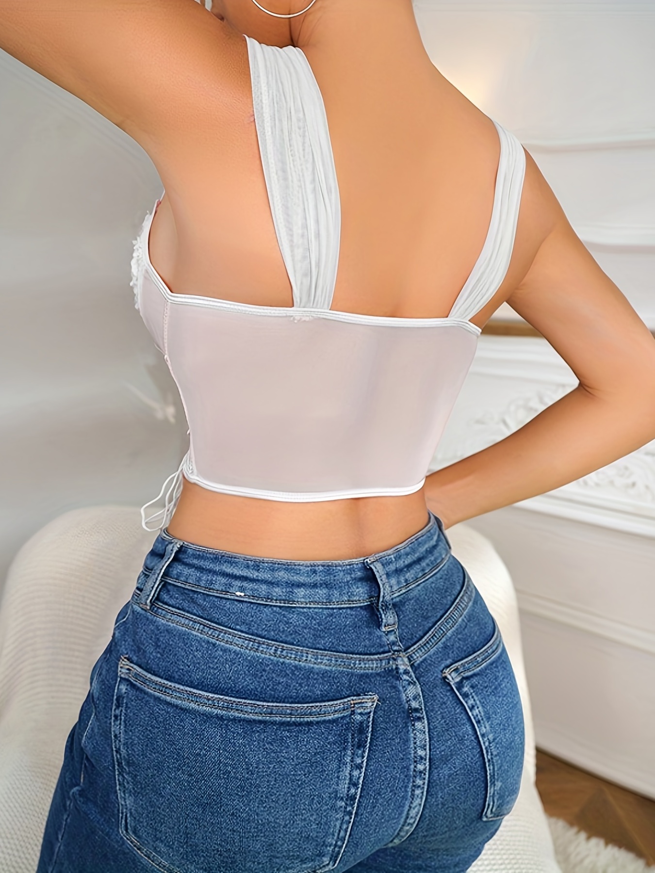 Top-Stitching Crop Top Without Bra (Color : White, Size : Large) :  : Clothing, Shoes & Accessories