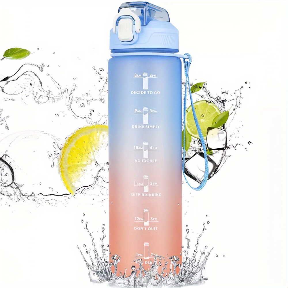 Gradient Water Bottle With Time Marker And Straw - Temu