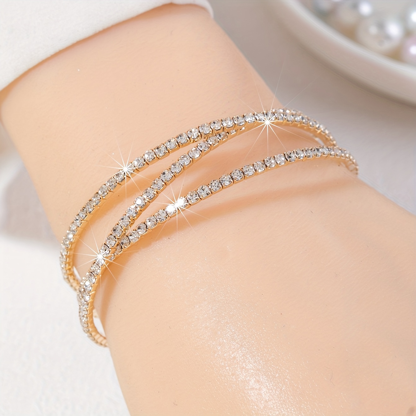 

3 Rows Cross Personality Rhinestone Wire Elastic Bangle Silver Plated Hand Jewelry Gift For Women