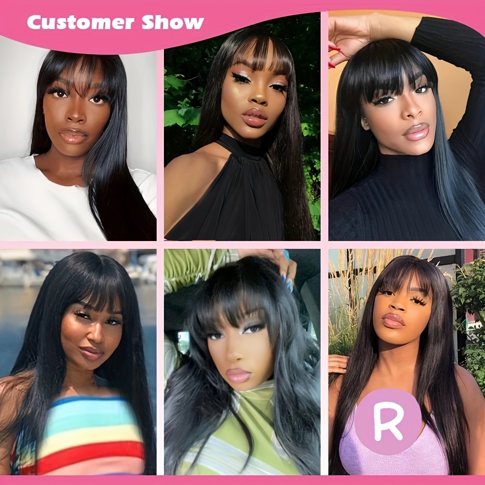 Brazilian Virgin Human Hair Wig With Transparent Lace Front And Bangs 130 Density Glueless Natural Color Unprocessed Perfect For Women Who Wan