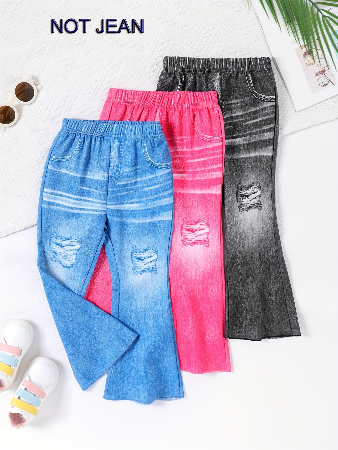 Girls Stretch Ripped Imitation Denim Print Allover Print Jeans High Waist  Casual Legging Pants, Kids Botttoms For Spring And Fall