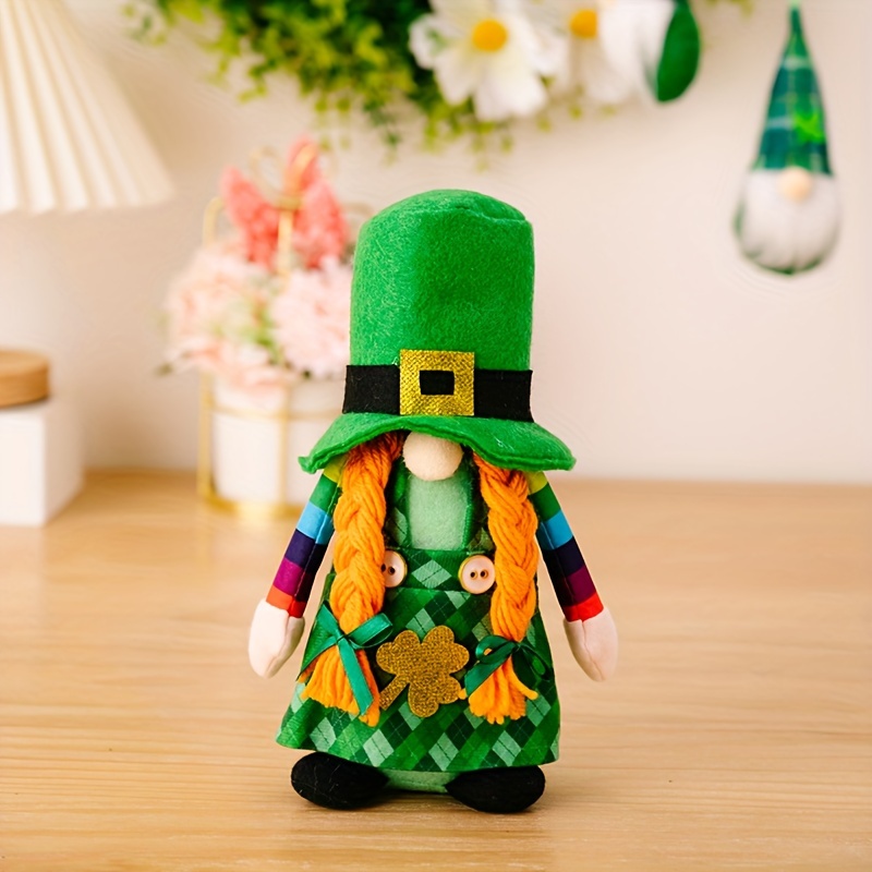 1pc Nordic Elves Figurine Home Decoration Ornaments Green Irish Leprechaun  Tomte Gnomes Doll Irish Festival Green Clover Faceless Doll St. Patrick's D