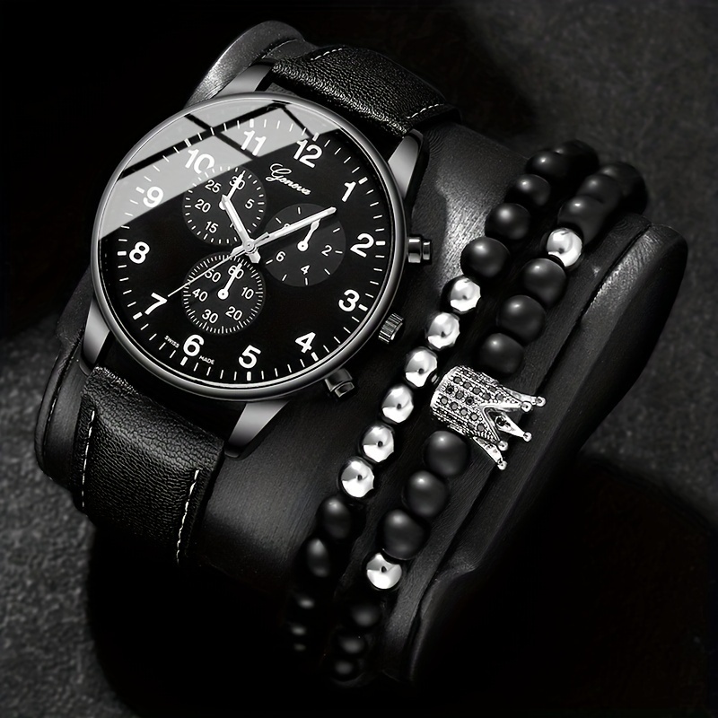 1pc Men's Black Quartz Watch & 2pcs Bracelet,Temu