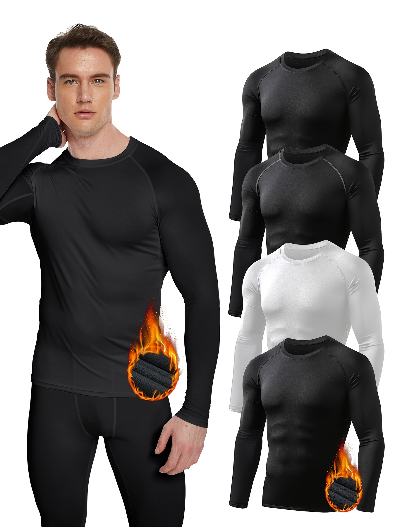 4pcs Compression Shirts Men Long Sleeve Athletic Cold Weather Thermal  Baselayer Undershirt Gear Tshirt For Sports Workout