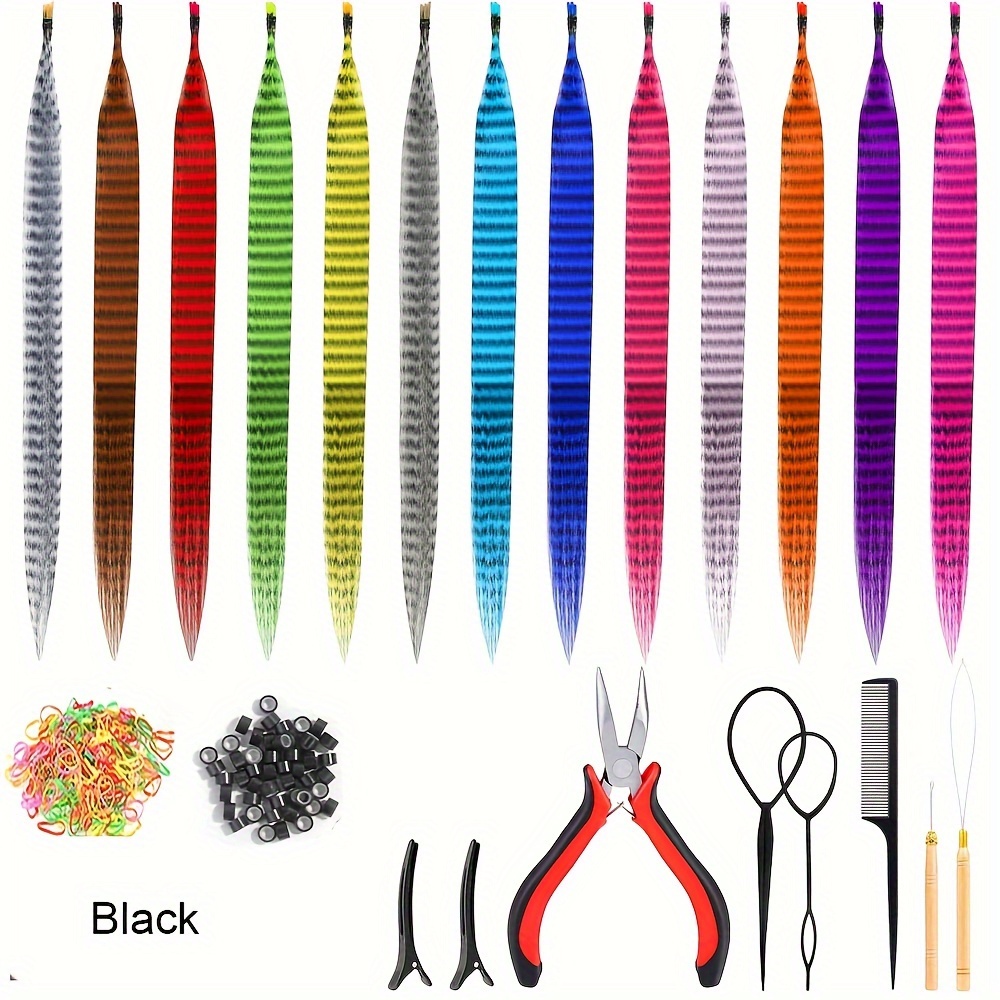 23 Pcs Hair Feathers With Hair Extension Tools, 13 Colors Long Straight  Synthetic Hair Feather Extensions Kit With Microlink Beads For Women Daily  Parties Festival