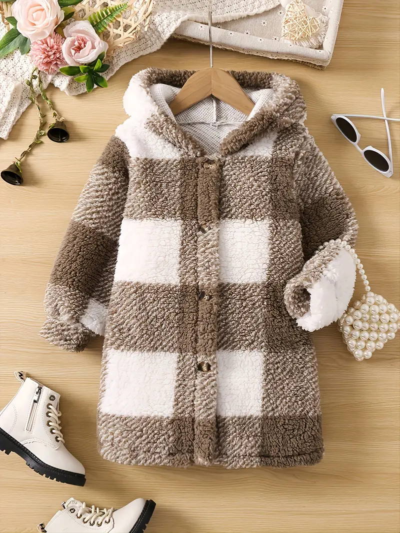 girls plush fleece plaid design winter warm hooded fuzzy overcoat for stylish and adorable look details 9