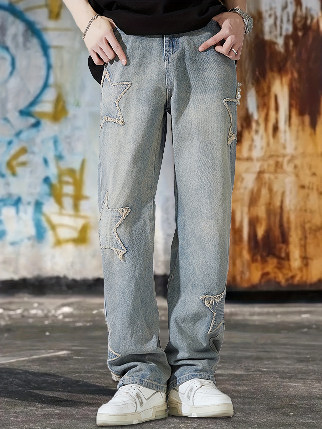 Loose Fit Ripped Baggy Jeans Men's Casual Street Style Wide - Temu