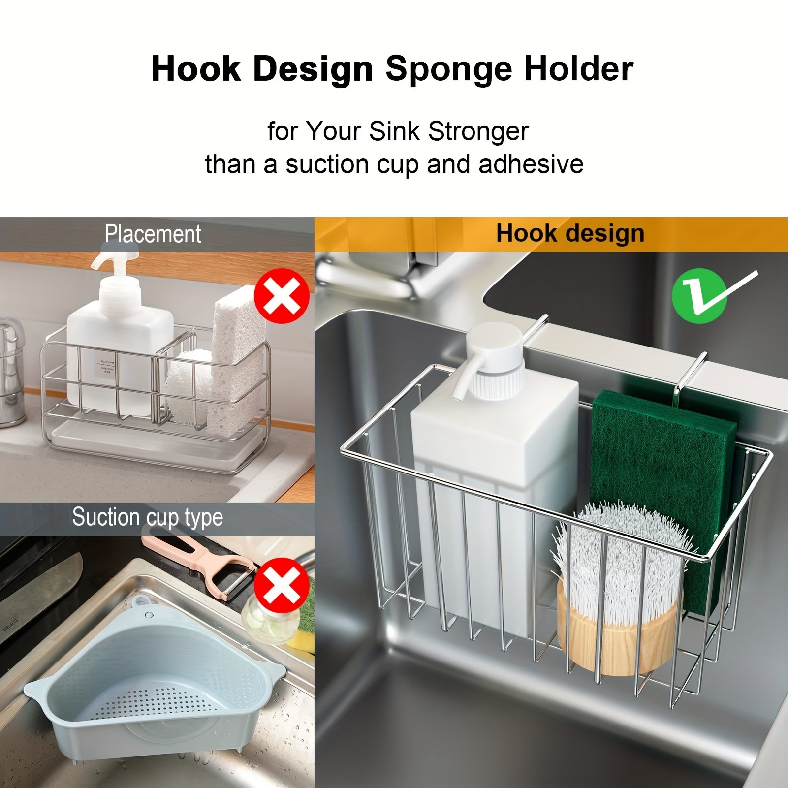 Sponge Holder for Kitchen Sink, Sink Caddy, Rustproof 304 Stainless Steel  Dish Sponge Organizer with Divider, Sponge Holder for Kitchen Sink Counter