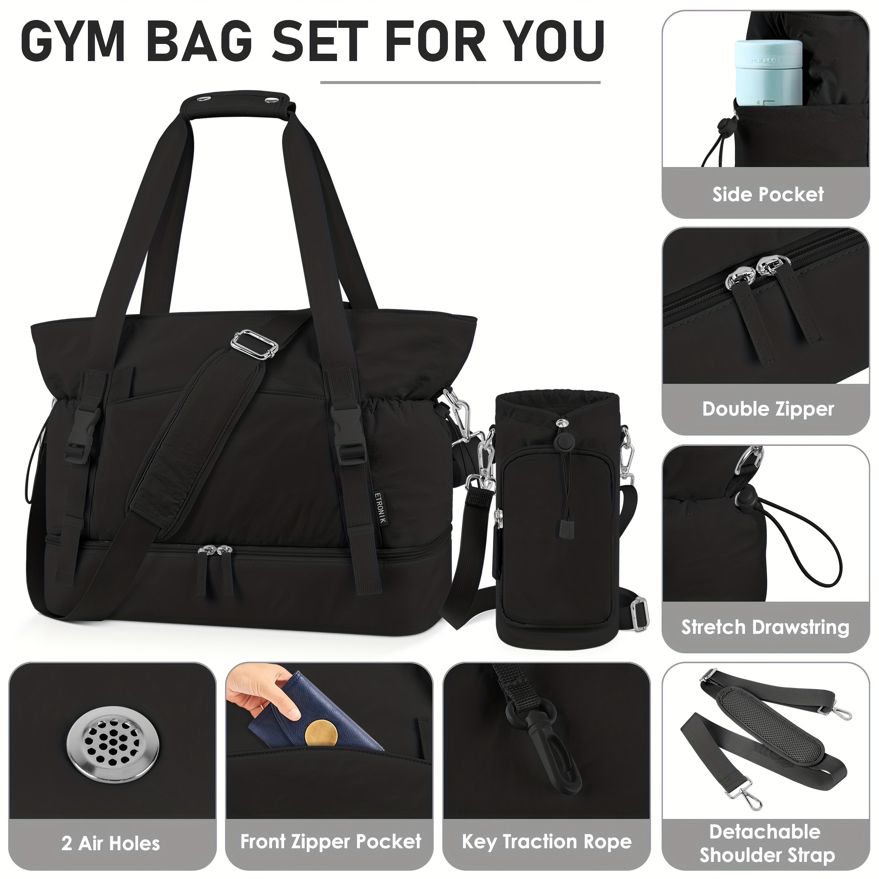 Gym Bag for Men Women 40L Travel Duffle Bag Carry On Weekender Overnight  Bags with Shoe Compartment, Yoga Mat Holder, Wet Pockets, Black :  : Sports & Outdoors