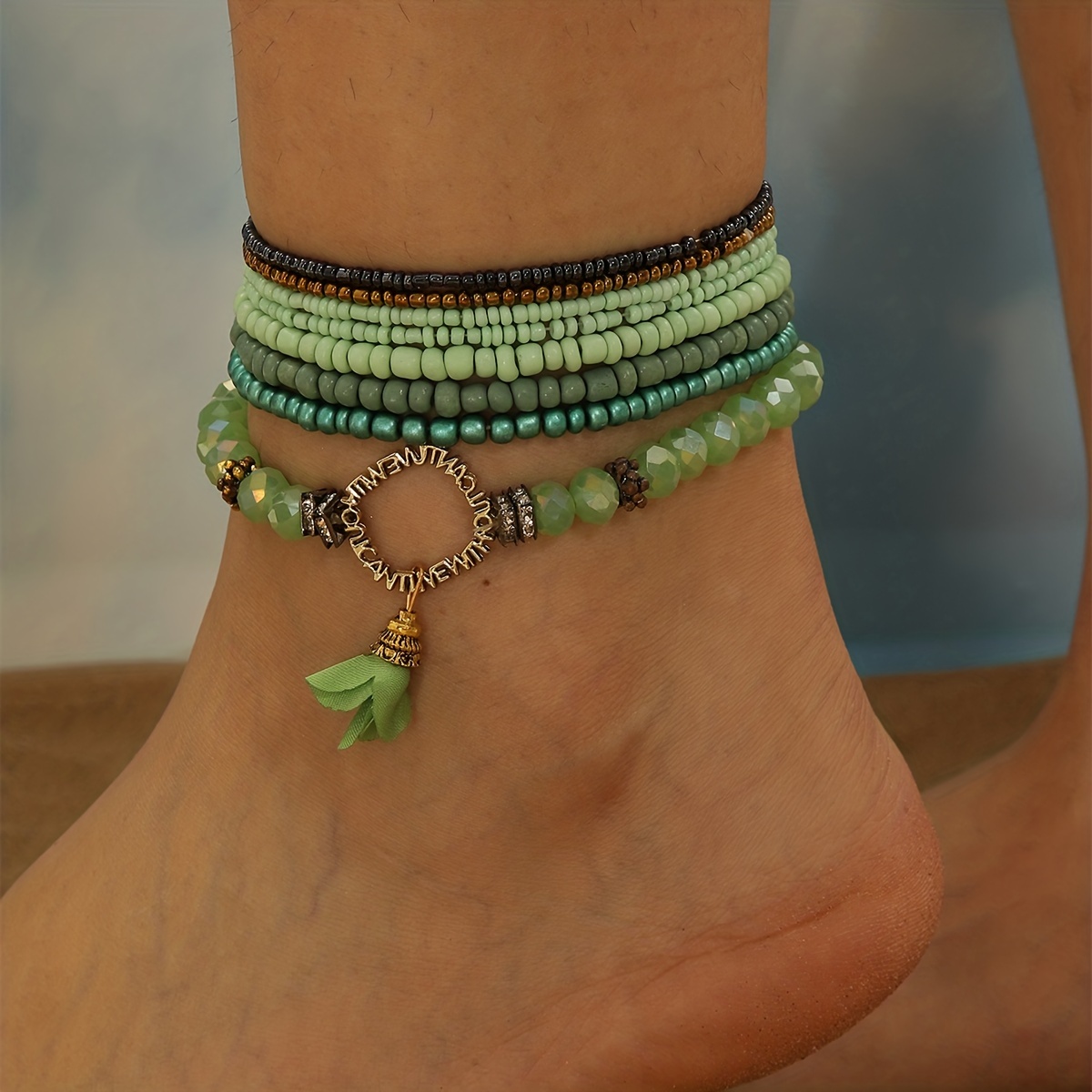 

8pcs Green Rice Beads Beaded Anklet Set Stackable Ankle Bracelet Set For Women Daily Wear