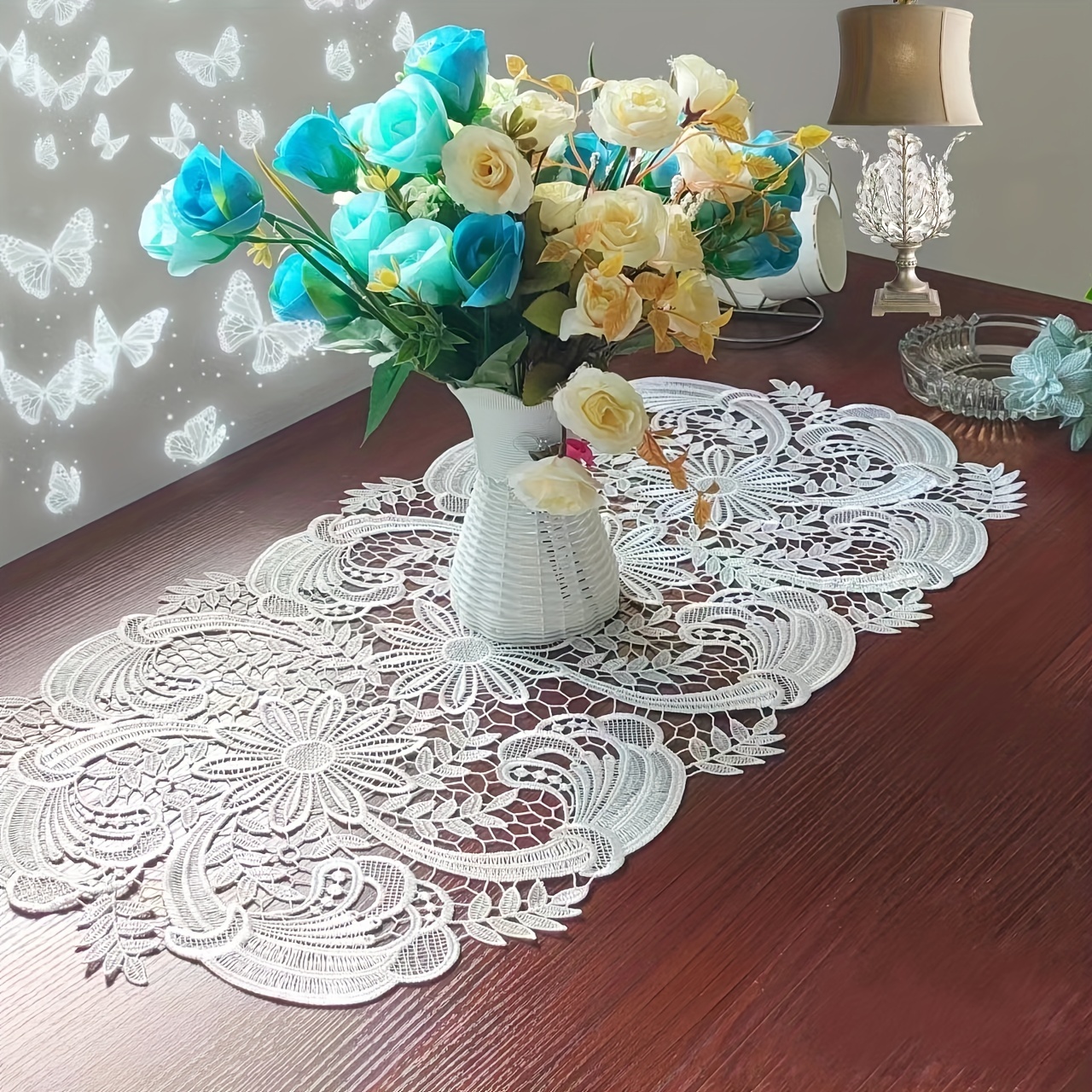 

1pc, Table Flag, White Lace Embroidered Oval Table Runner, Fabric Table Mat Coaster Ins Style Coffee Table Mat Home Decorative Mat Tablecloth Cover Cloth