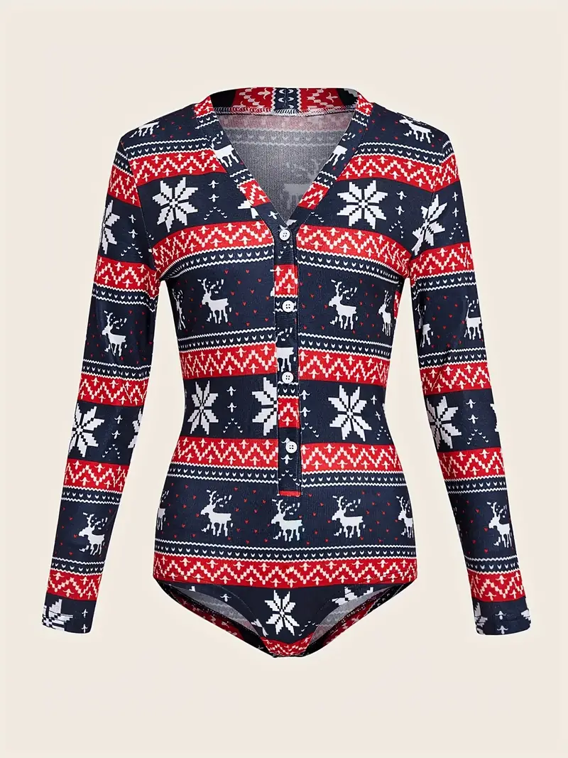 Christmas Deer Print Button Bodysuit Elegant Long Sleeve - Temu Canada