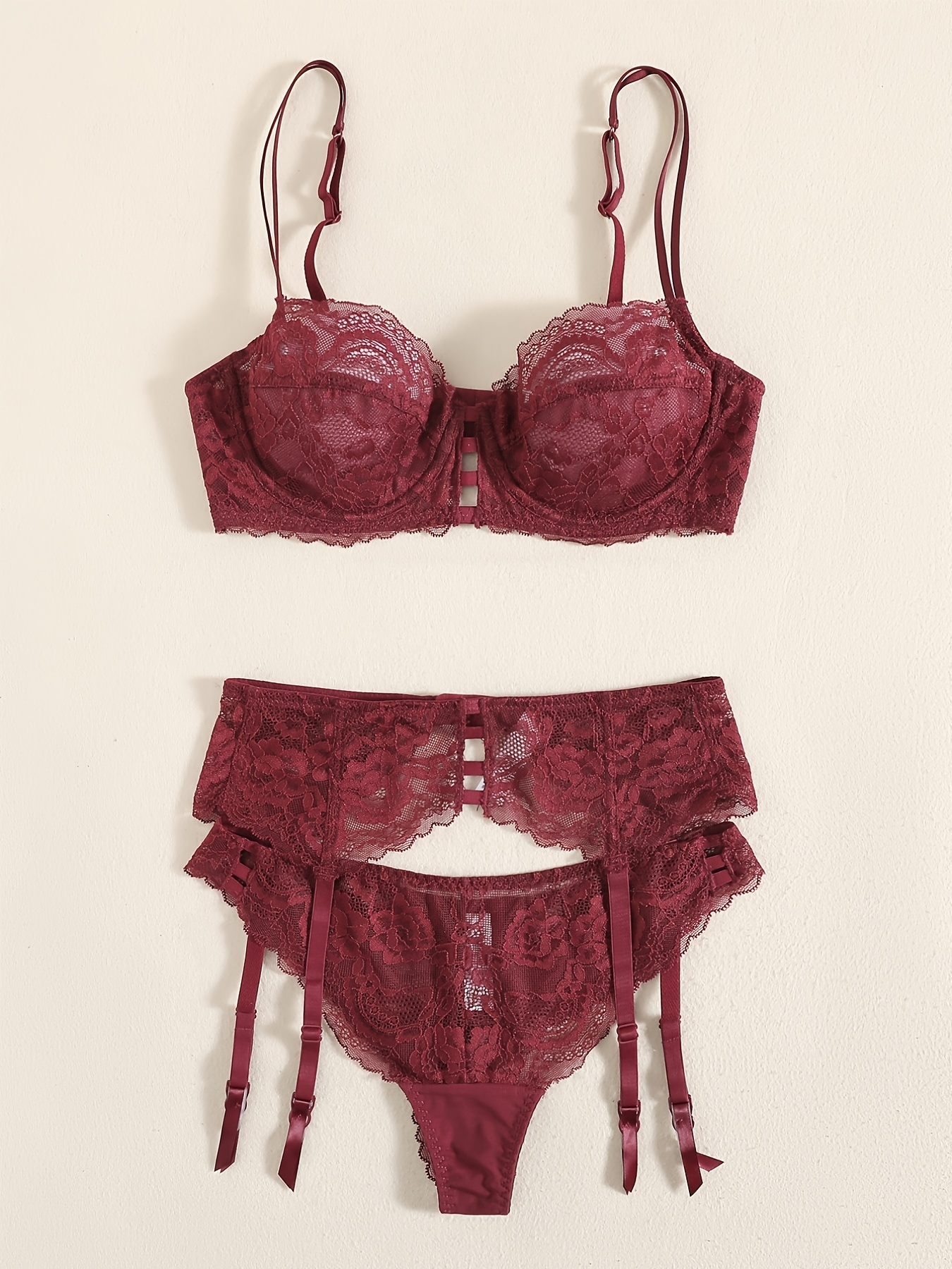 Victoria's Secret Designer Collection Unlined 36B BRA SET+GARTER+Thong Red  Lace