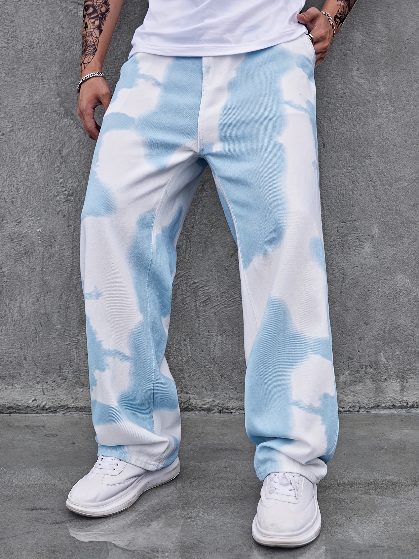 Loose Fit Mopping Jeans, Men's Casual Street Style Tie-dye Denim Pants For  All Seasons