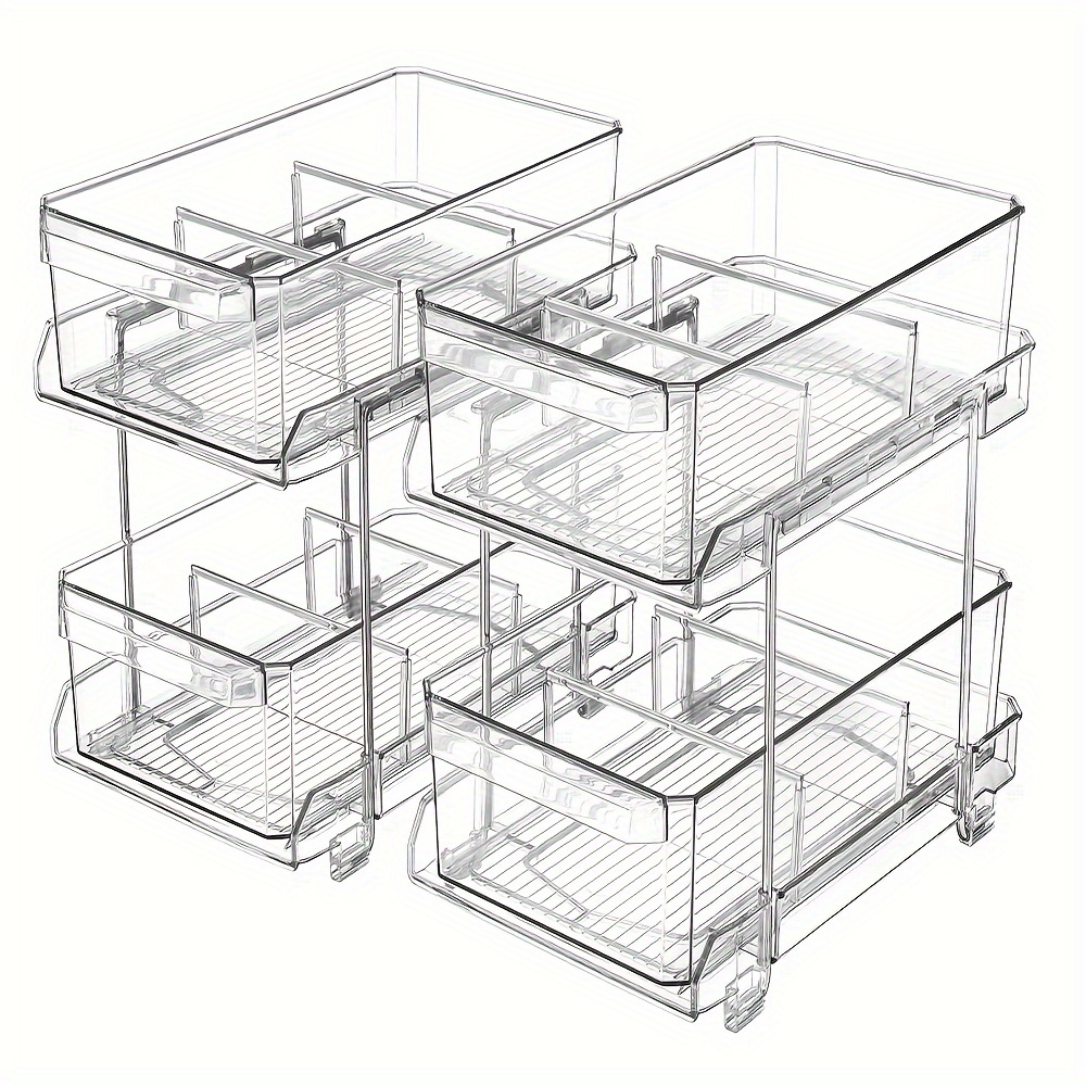 2 Tier Bathroom Organizer with Dividers, Multi-Purpose Clear Under Sink Organizers Storage Slide-Out Container, Bathroom Vanity Counter Organizing