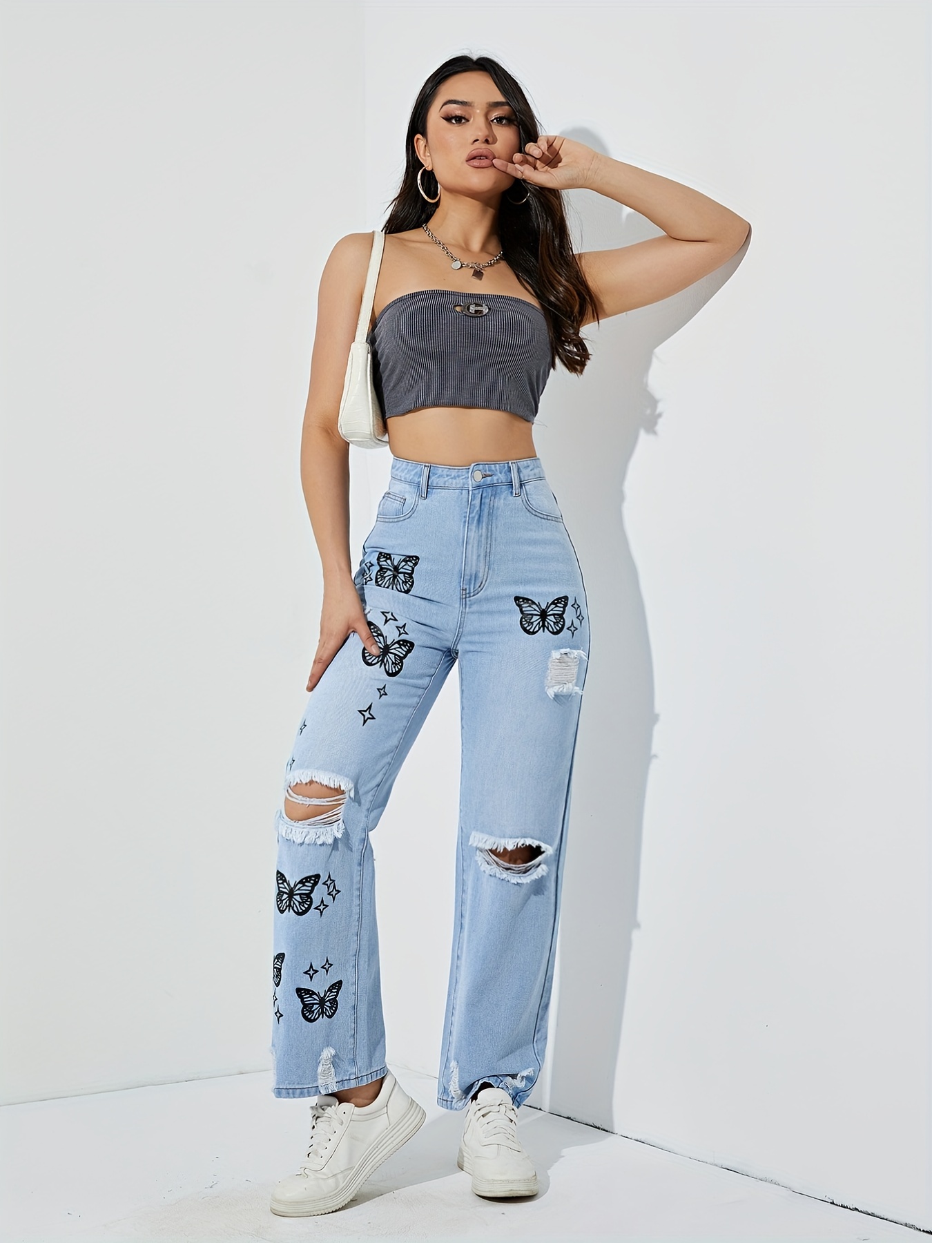 Wash Ripped Detail Butterfly Jeans Star Print - Temu Canada