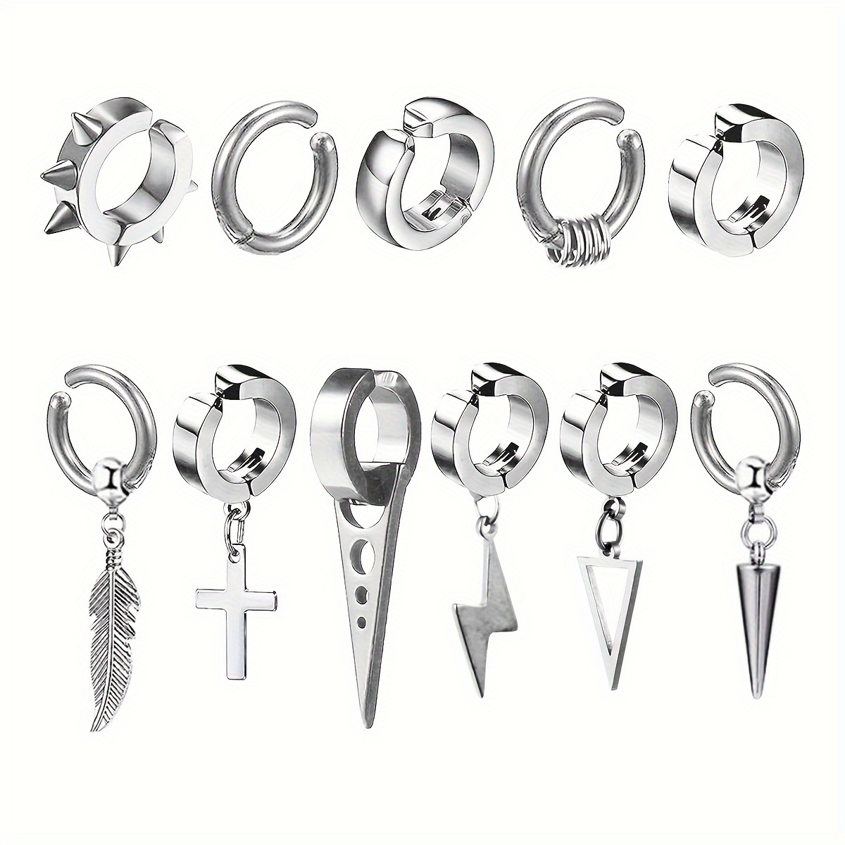 Image of 11pcs Punk Hip-hop Clip Style Earrings, Rivet Ear Clips, Feather Pendant Ear Clips, Stainless Steel Non Perforated Ear Clip Set Suitable For Men And Women
