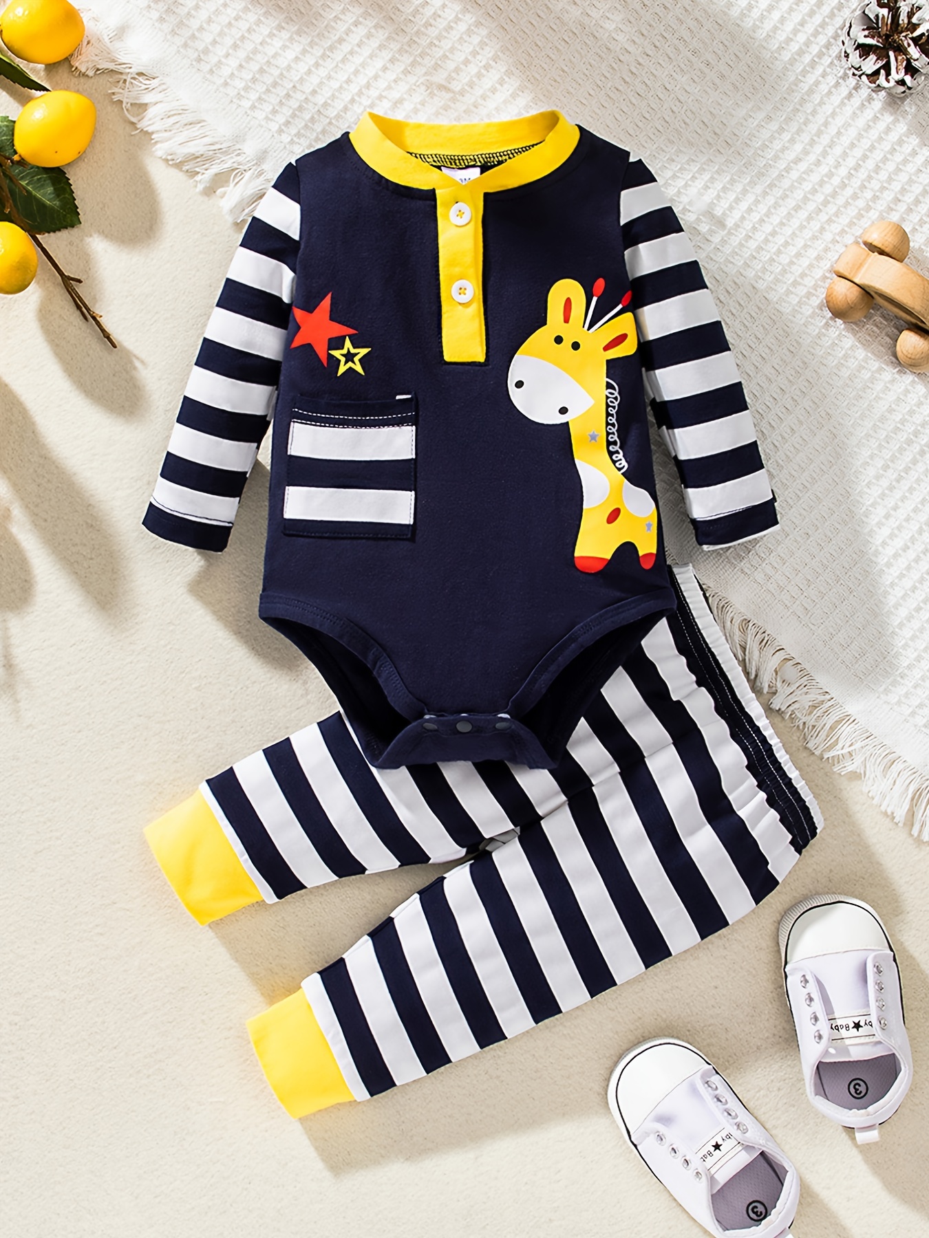 Bebês meninos meninas manga comprida veado padrão macacão + listrado calças  conjunto recém-nascido bebê roupas bebê layette conjuntos