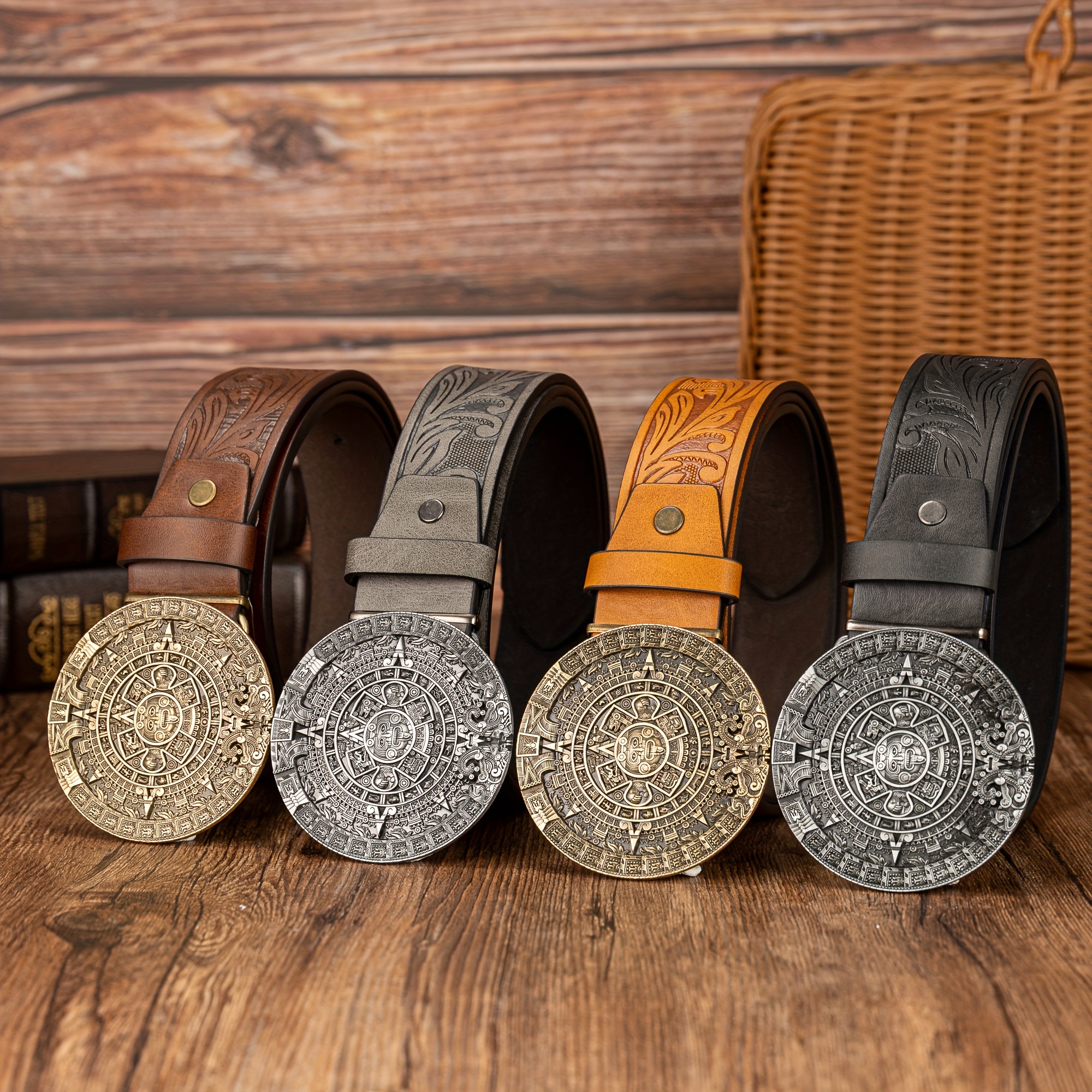 Leather Belt With Round Buckle - Temu