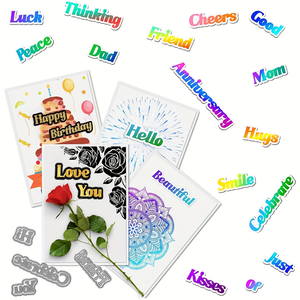 

27pcs, Sentiments Words Metal Die Cuts Shadow Words Cutting Dies Stencil Template For Anniversary Birthday Party Diy Craft Scrapbooking Card Making