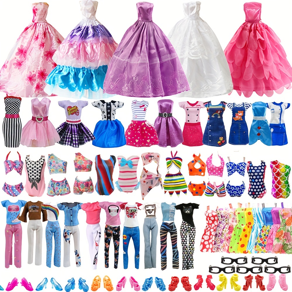 Vêtements et accessoires de poupée，Habits Barbie Accessoires 50 pcs，3 Robes  de Soirée，3 robes de fête，3 Tenues à La Mode，3 ensembles de maillots de  bain, 10 chaussures，pour poupée de 11,5 Pouces : 
