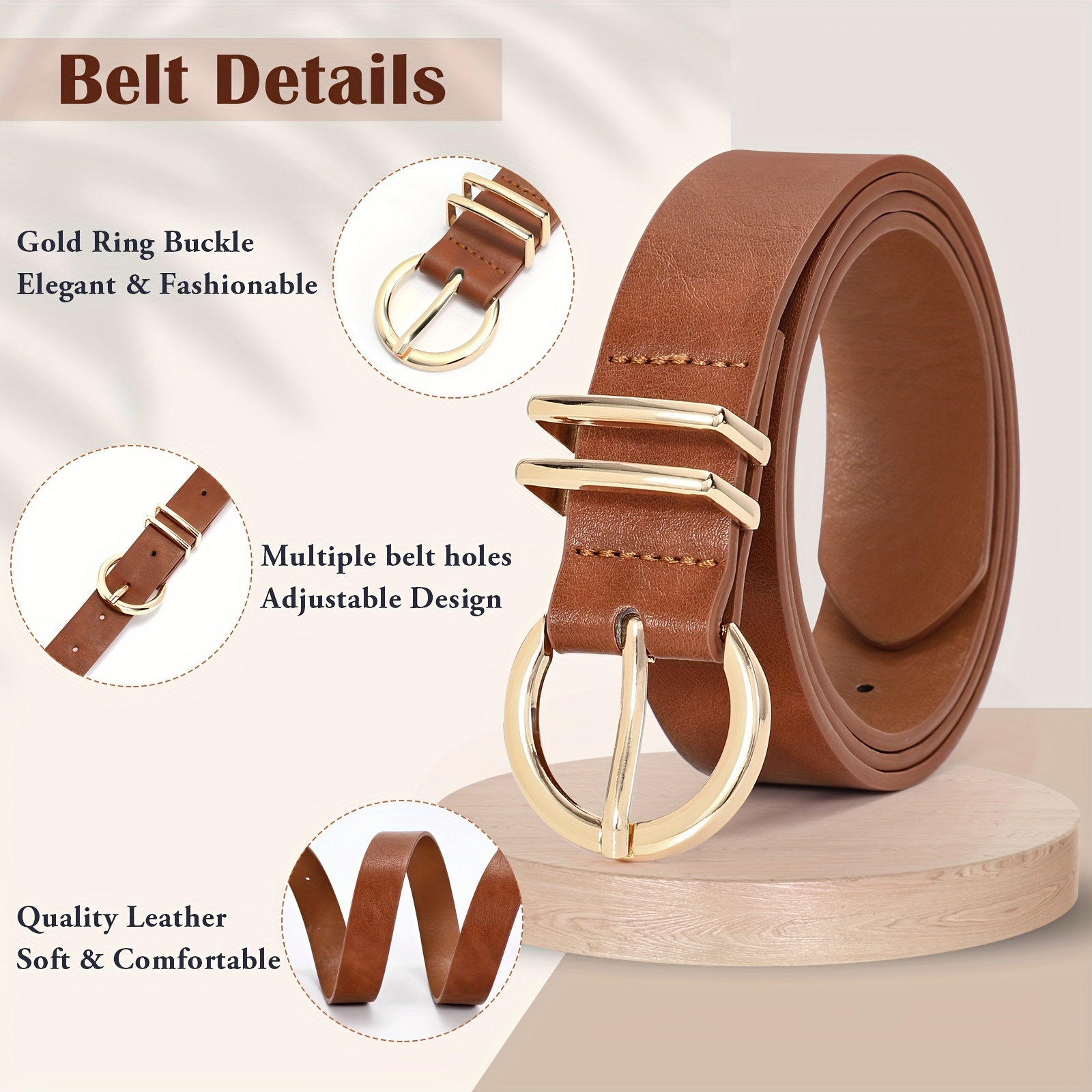 Womens Leather Belts for Jeans Pants - CR 1.3 Width Casual Ladies Belt -  Fashion Center Bar Gold Buckle