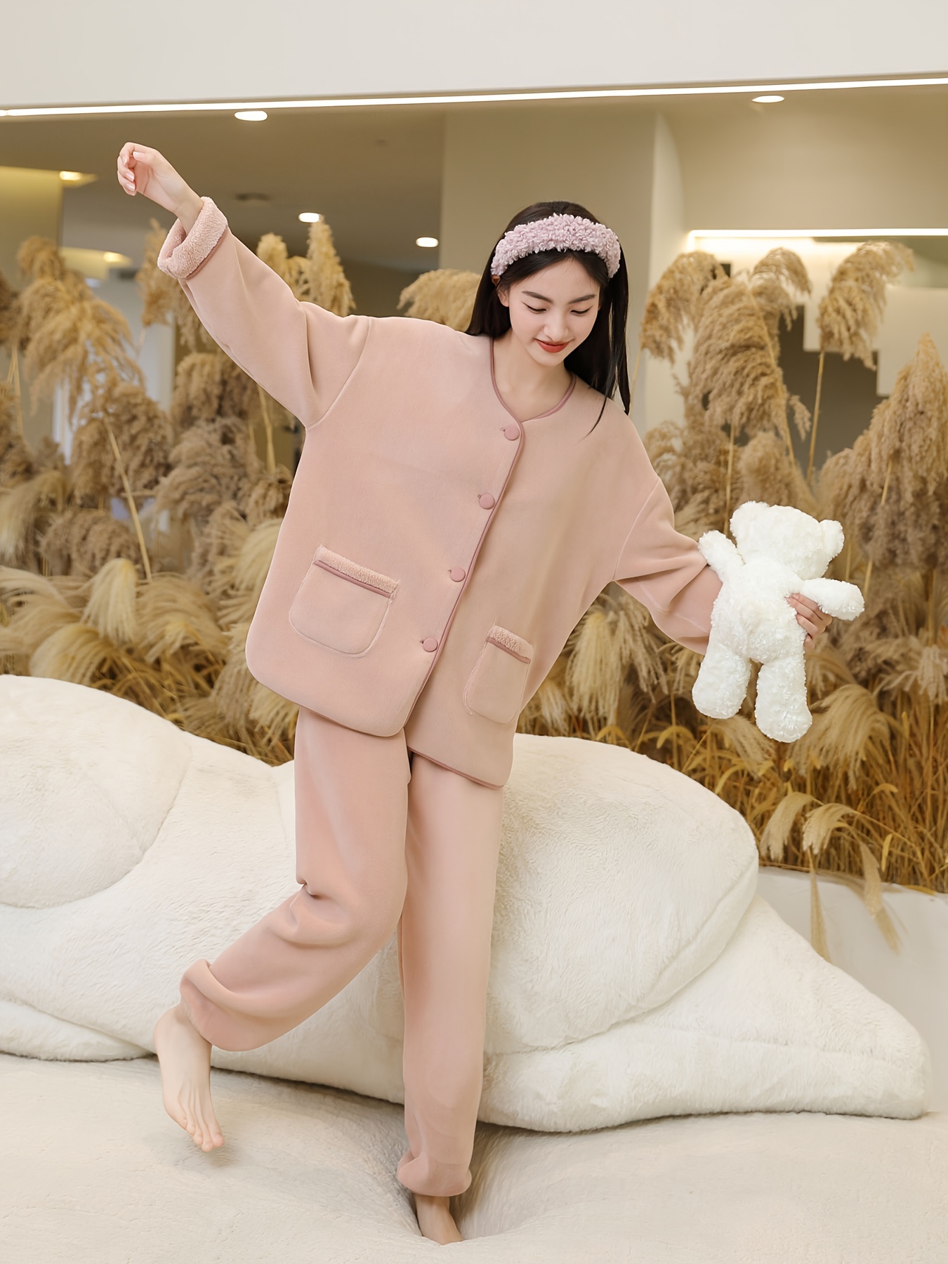 Women's Two Piece Fuzzy Pajama Lounge Set Pullover Pants - Temu
