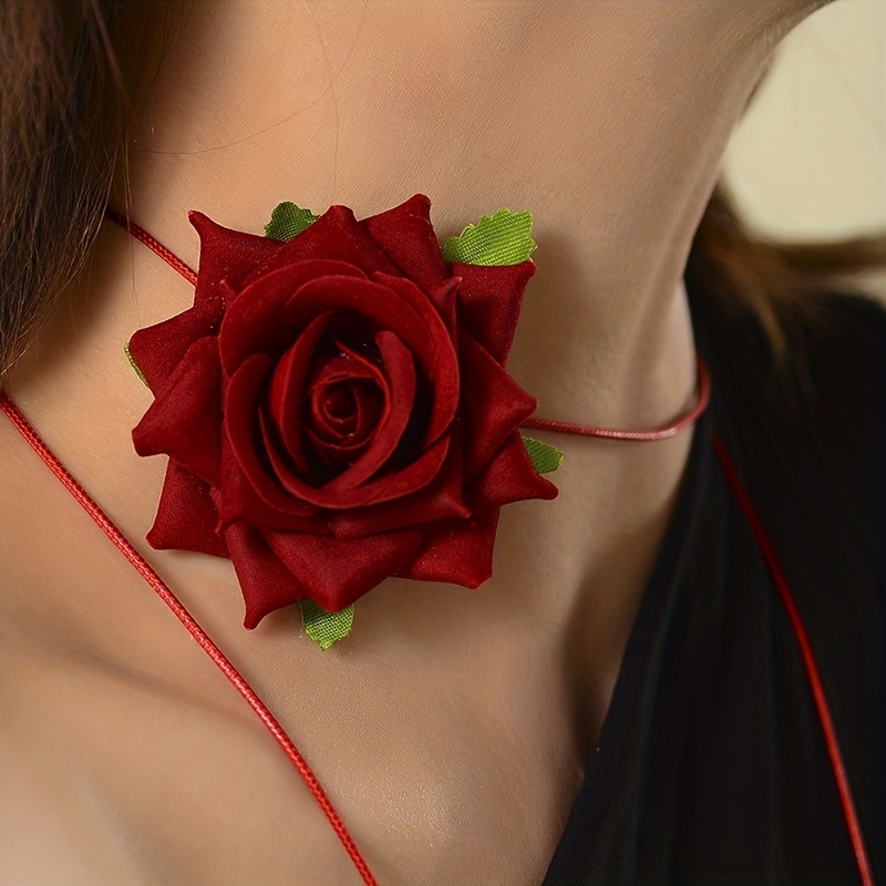 Rose Flower Choker Necklace for Women Long Flannelette Rope Collar Accessories,Temu