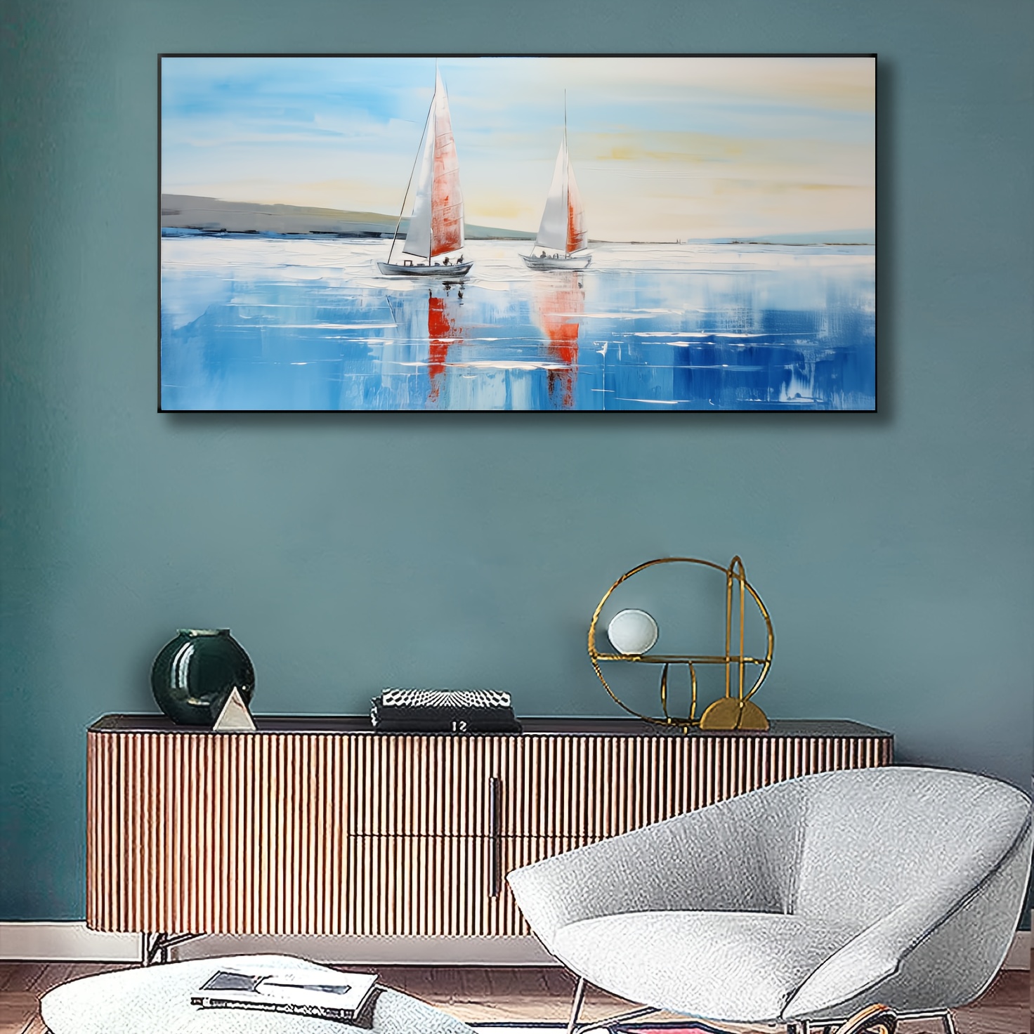 1pc Framed Light Blue Ocean Decor Bathrooms Wall Art Print Artwork Poster  Marine Theme Boat And