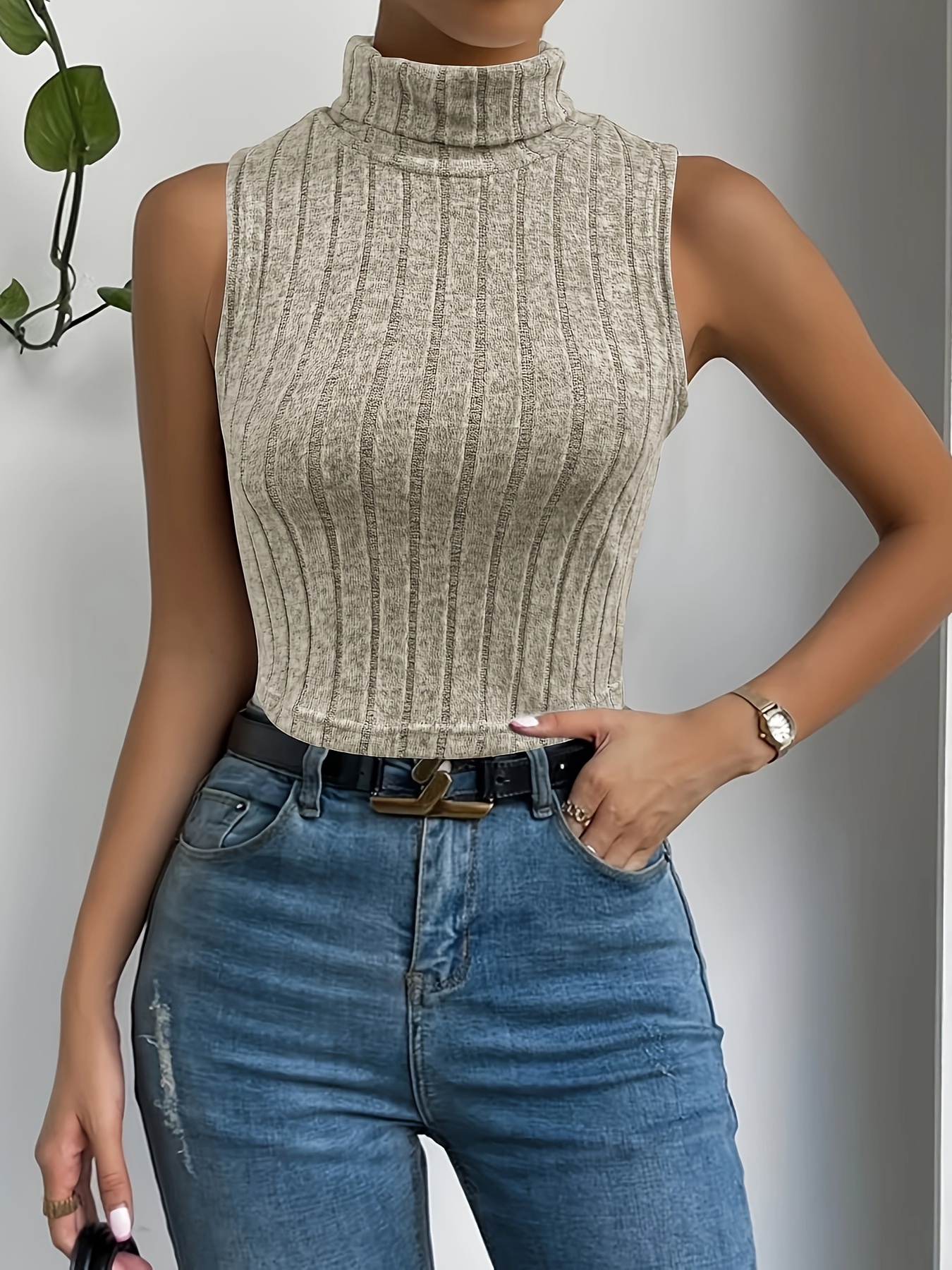 Solid Casual Two piece Set Split Sleeveless Halter Neck Tops