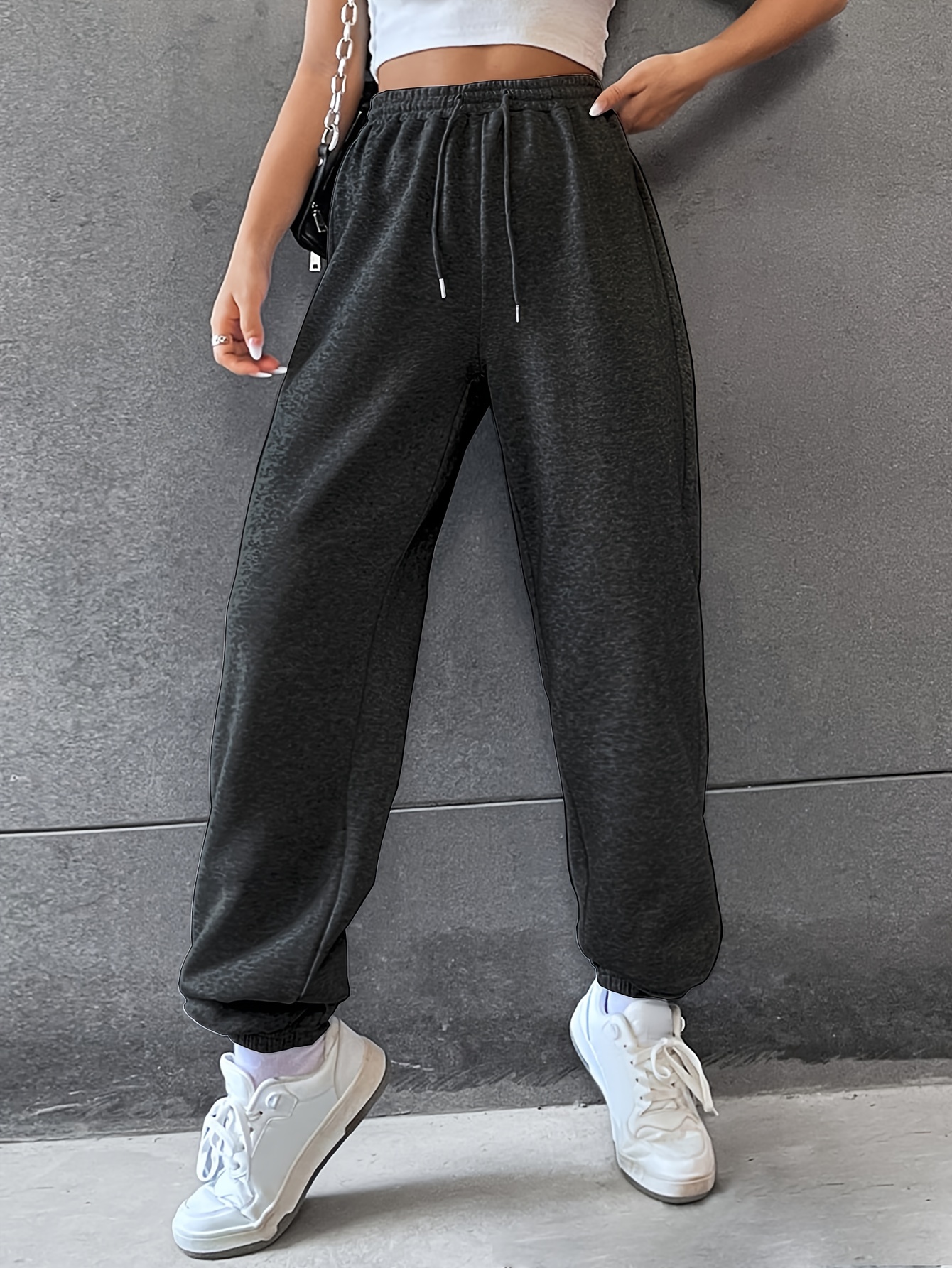 solid color casual sports pants drawstring elastic waist running jogging sweatpants womens athleisure