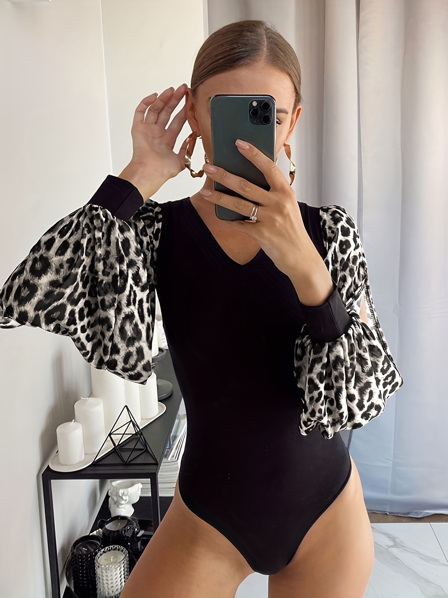 Color Block Leopard Print Bodysuit, Sexy V-neck Split Sleeve One Piece  Bodysuit, Women's Clothing