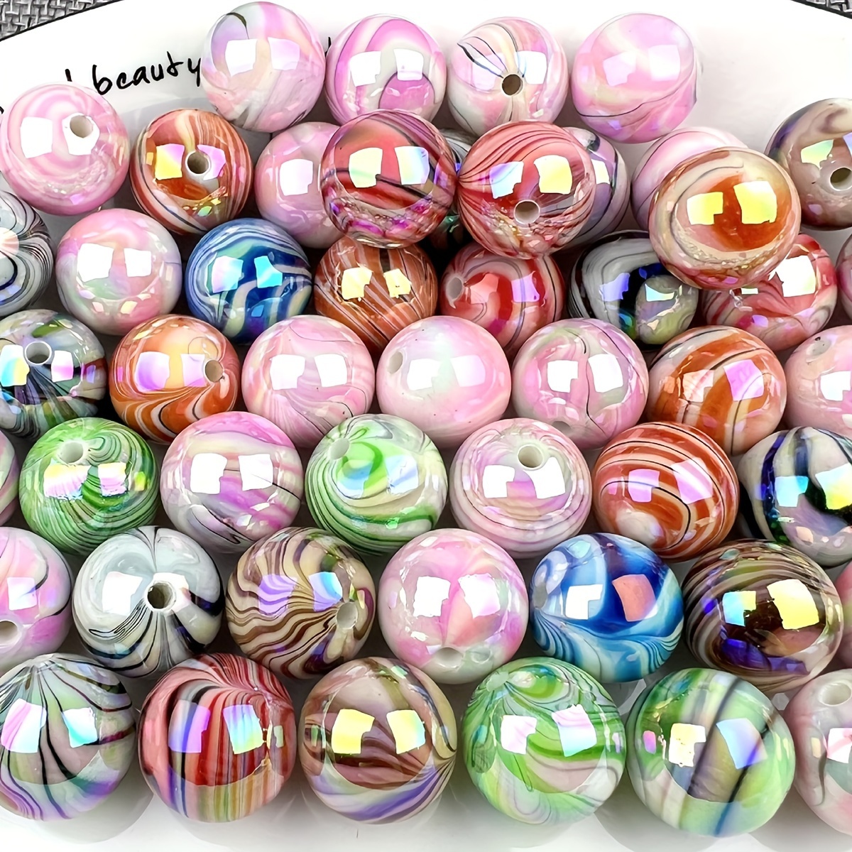 

25-50pcs/set 8-10mm Water Ripple Round Beads Ab Color Diy Mixed Color Series Can Be Used To Make Bracelets, Necklaces, And Mobile Phone Chains