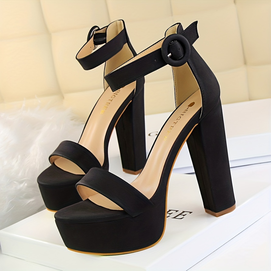 Women's Platform Chunky High Heels, Solid Color Ankle Strap Open