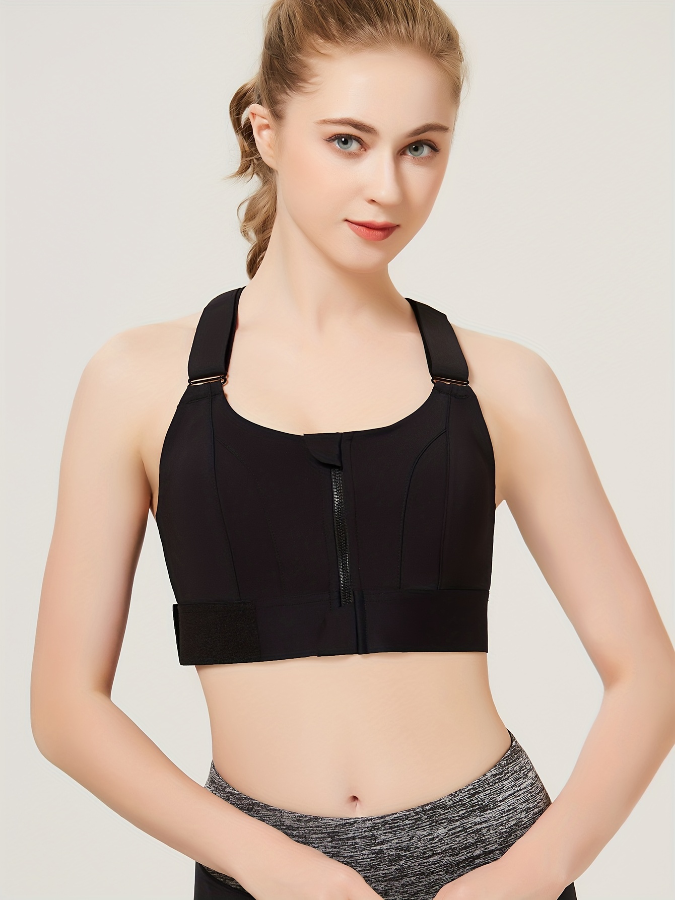 solid color shockproof sports bra zipper front round neck with fixed chest pads workout top womens activewear black 0