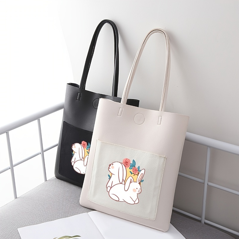 Fashionable Versatile Single Shoulder Bag With Large Capacity Pu Handbag  Rabbit Print Commuter Bag, Korean Style Unisex Tote