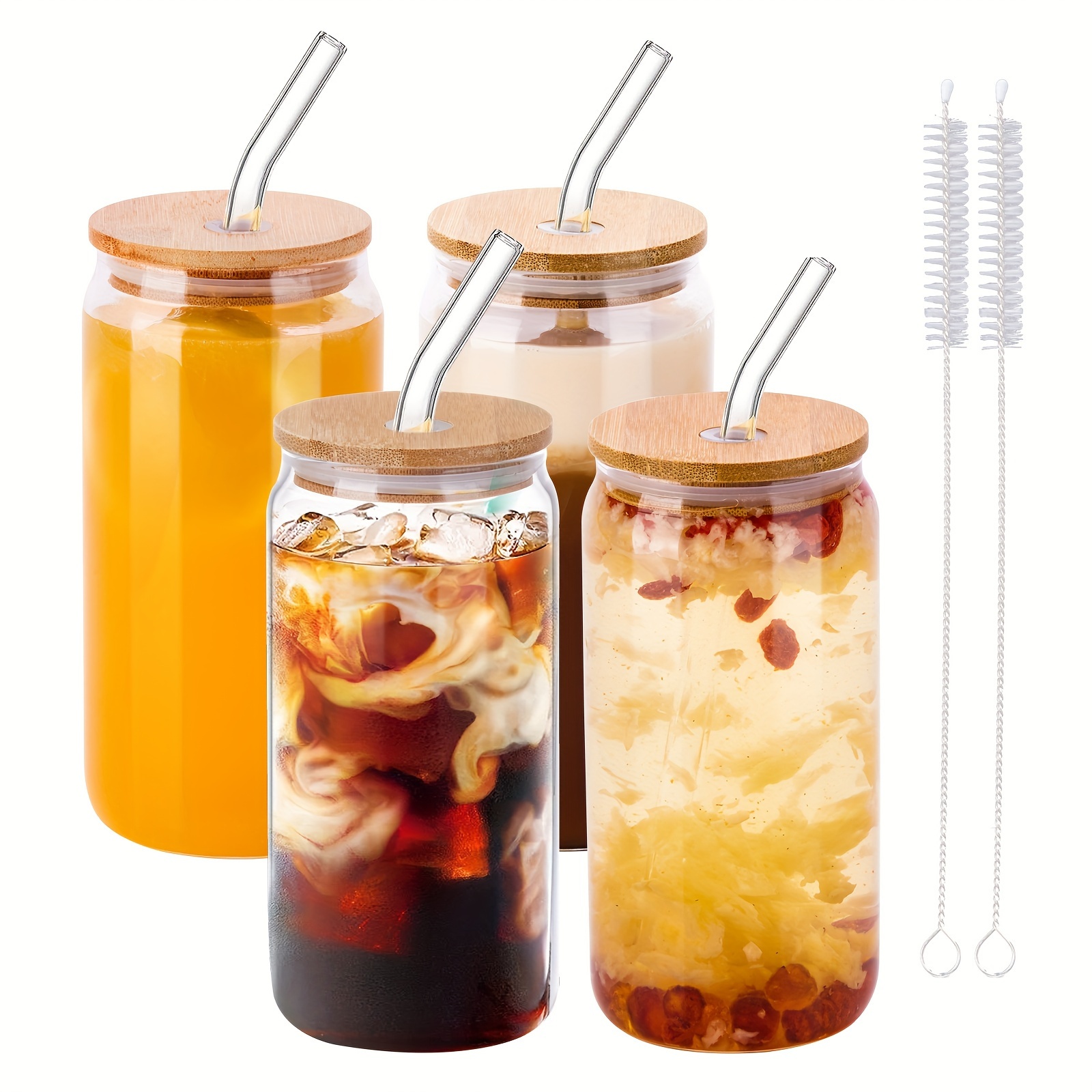 Drinking Glass with Bamboo Lids and Glass Straws 4 Packs,16 oz Can Shaped Glass  Cups,Glass Beer Can Cups with Lids for Iced Coffee,Soda,Whiskey,Bubble  Tea,Water,Juicing,Smoothies,Milk 
