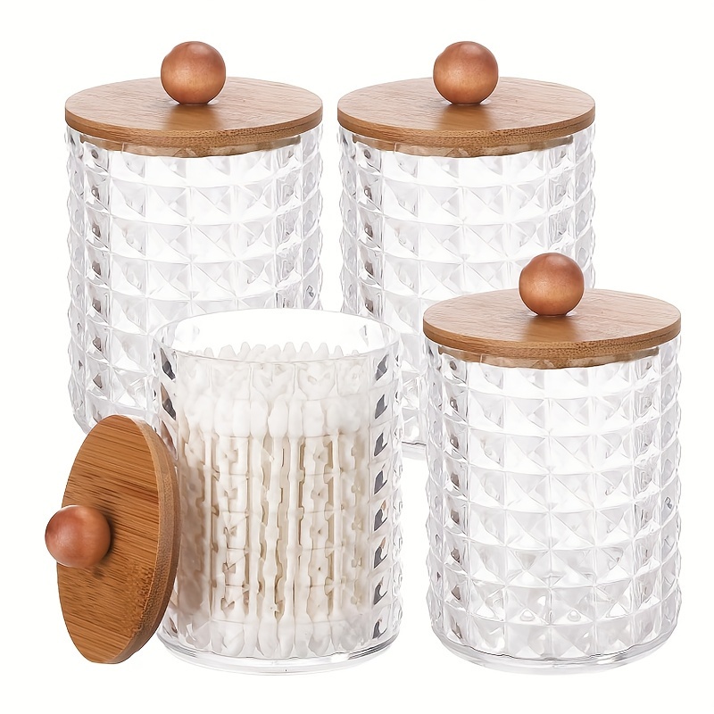 

4 Pack Holder Dispenser For , Cotton Swab, Cotton Round Pads, Floss Picks - 10 Oz Plastic Apothecary Jar With Brown Wood Lids For Bathroom Canister Storage Organization