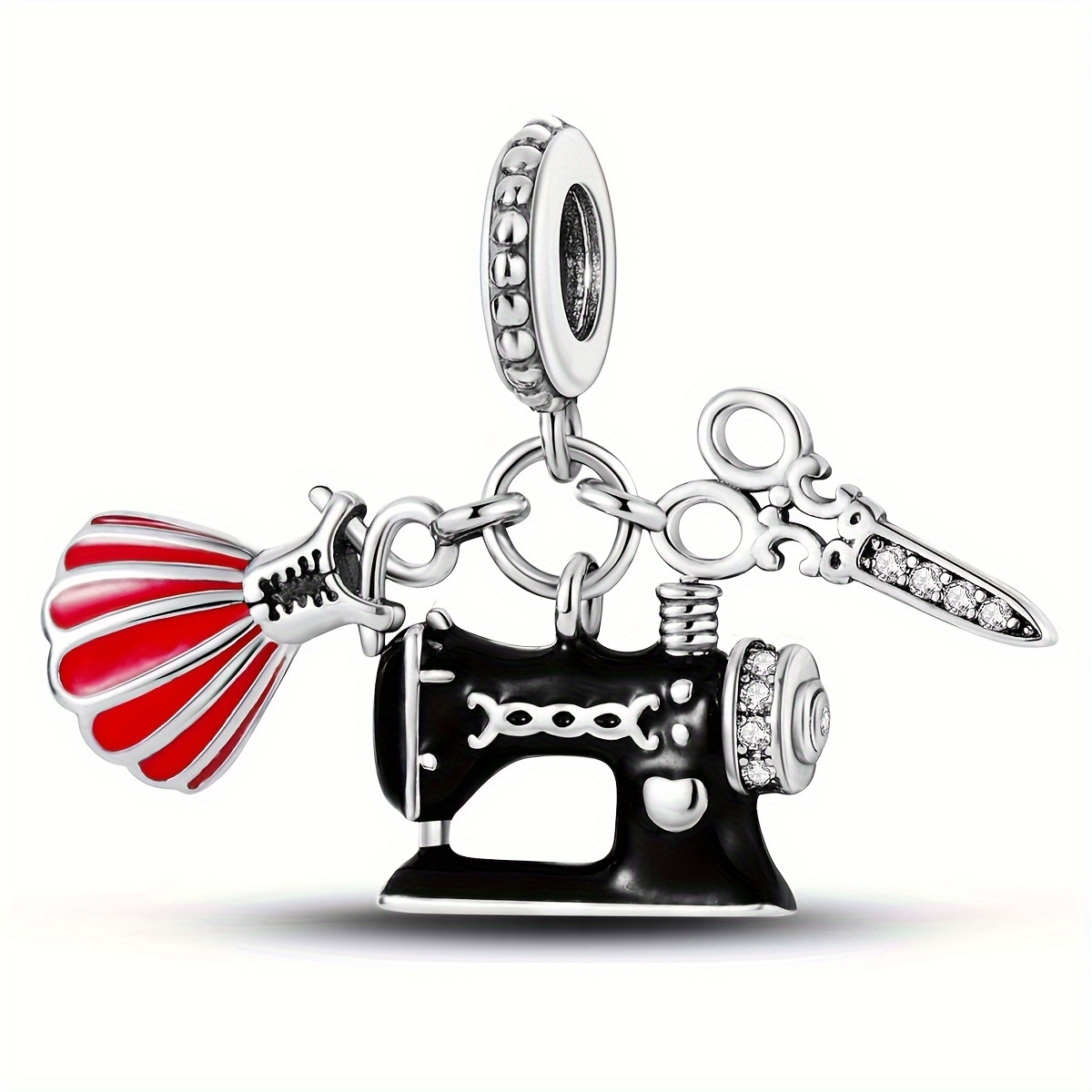 

1pc Retro 3-in-1pendant 925 Silver Plated Red Oil Drop Dress Black Sewing Machine Pendant Zircon Inlaid Scissors Pendant Fit Original Bangle Bracelet Jewelry Making