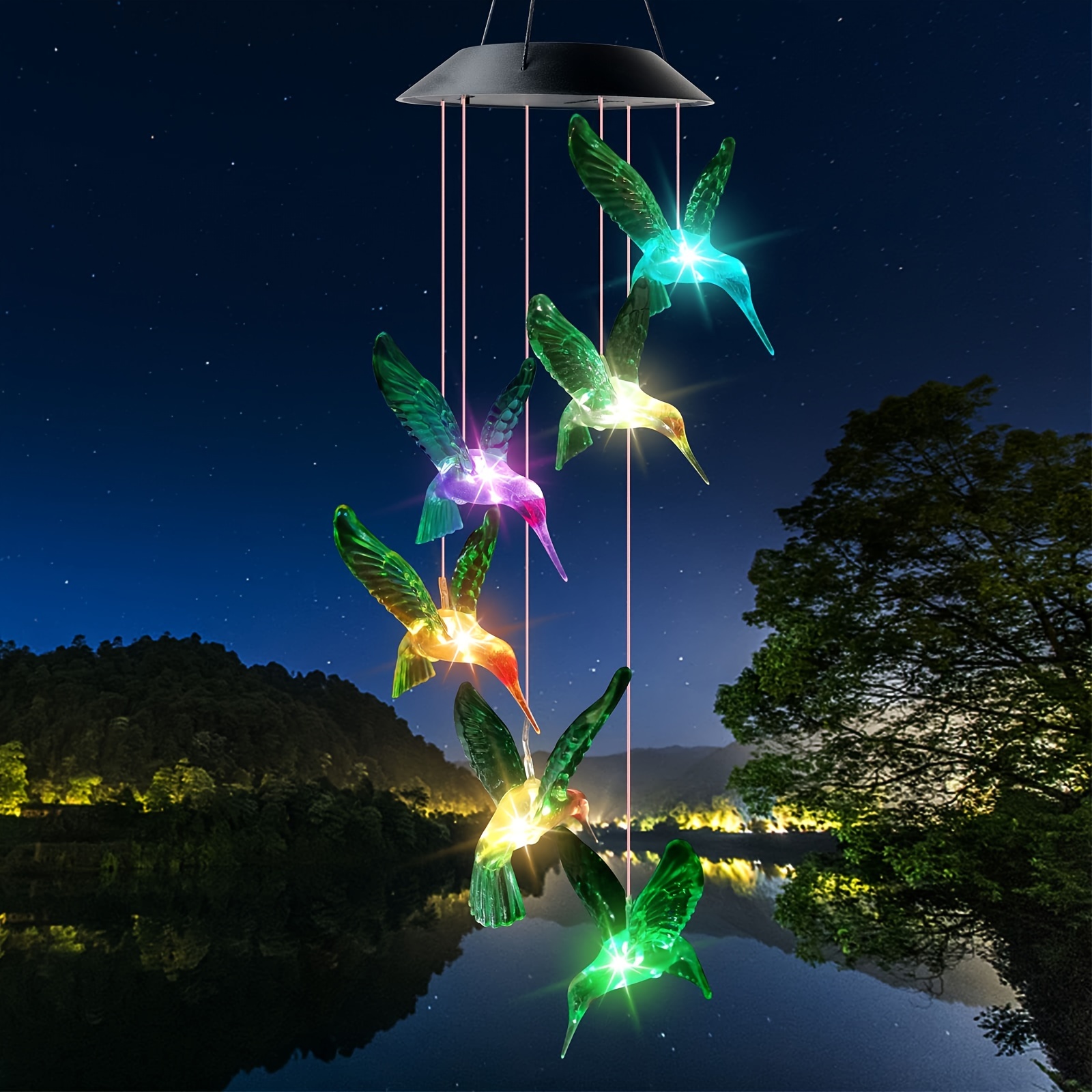 LED Solar Hummingbird Wind Chime Light,Outdoor Waterproof Multi-Color Solar Powered Mobile Wind Spinner String Light for Home Party Night Garden
