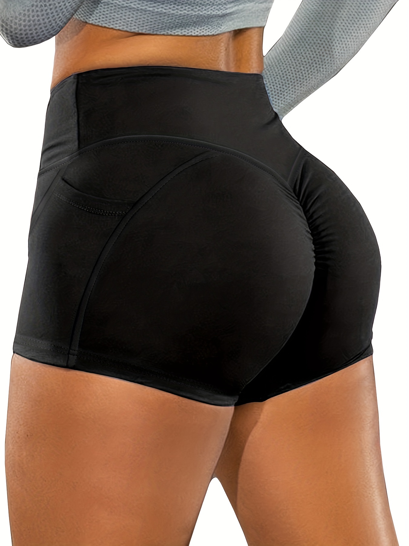 Fashion Solid Black Yoga Shorts Stretchy High Waist Scrunch - Temu