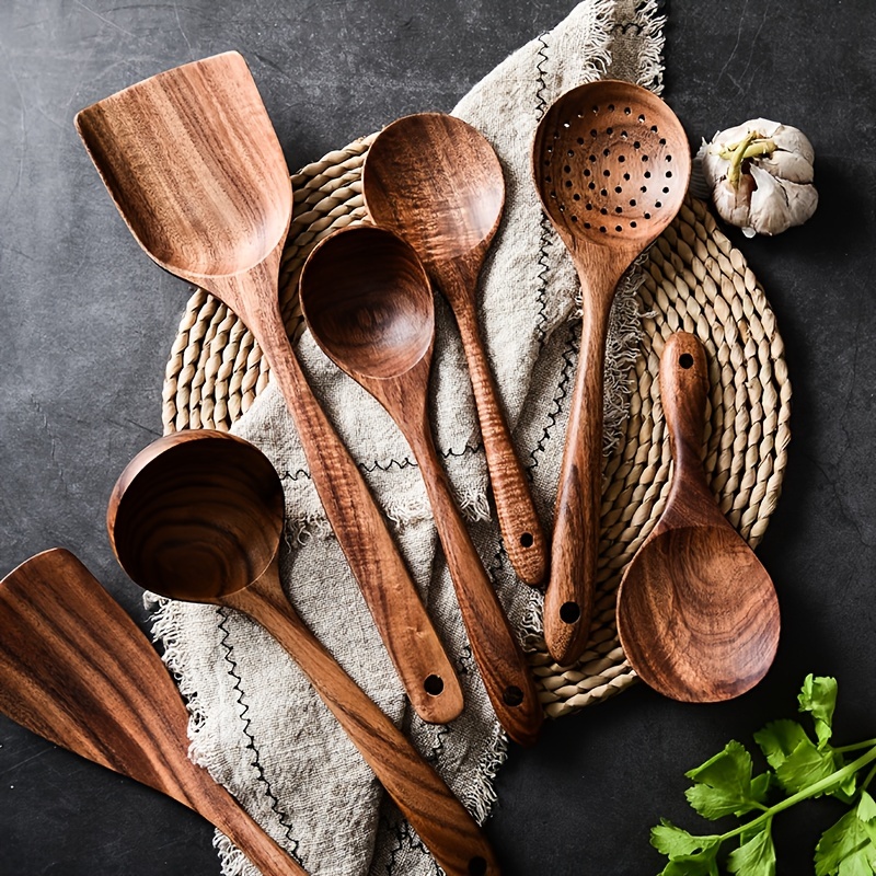 Wooden Cooking Spoon Set Wok Turners Natural Teak Wooden - Temu