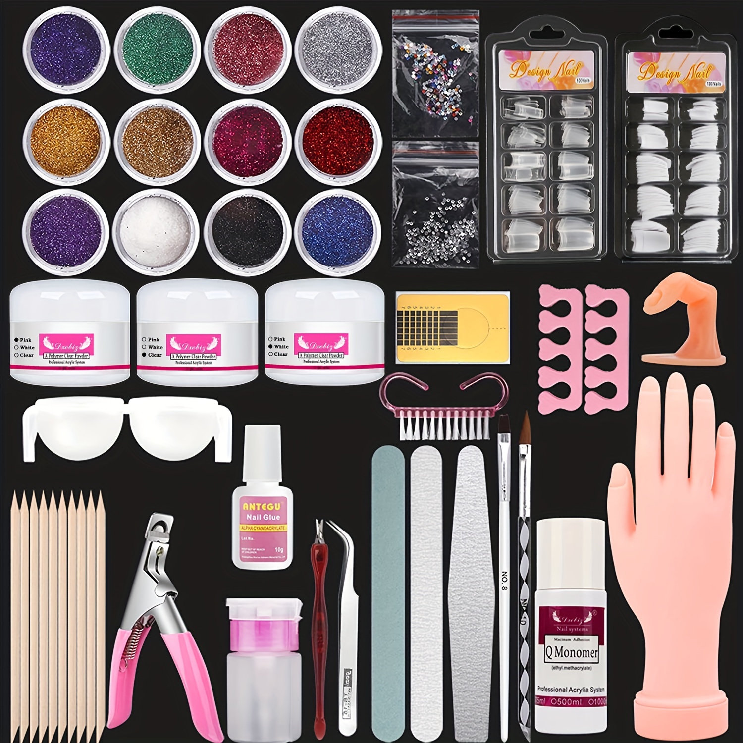 Professional Acrylic Nail Kit Set With Everything 12 Glitter Acrylic Powder Kit Practice Hand With Fingers Nail Art Tips Nail Art Decoration Nail Monomer Liquid DIY Nail Art Tool Nail Supplies Acrylic System For Beginners details 1