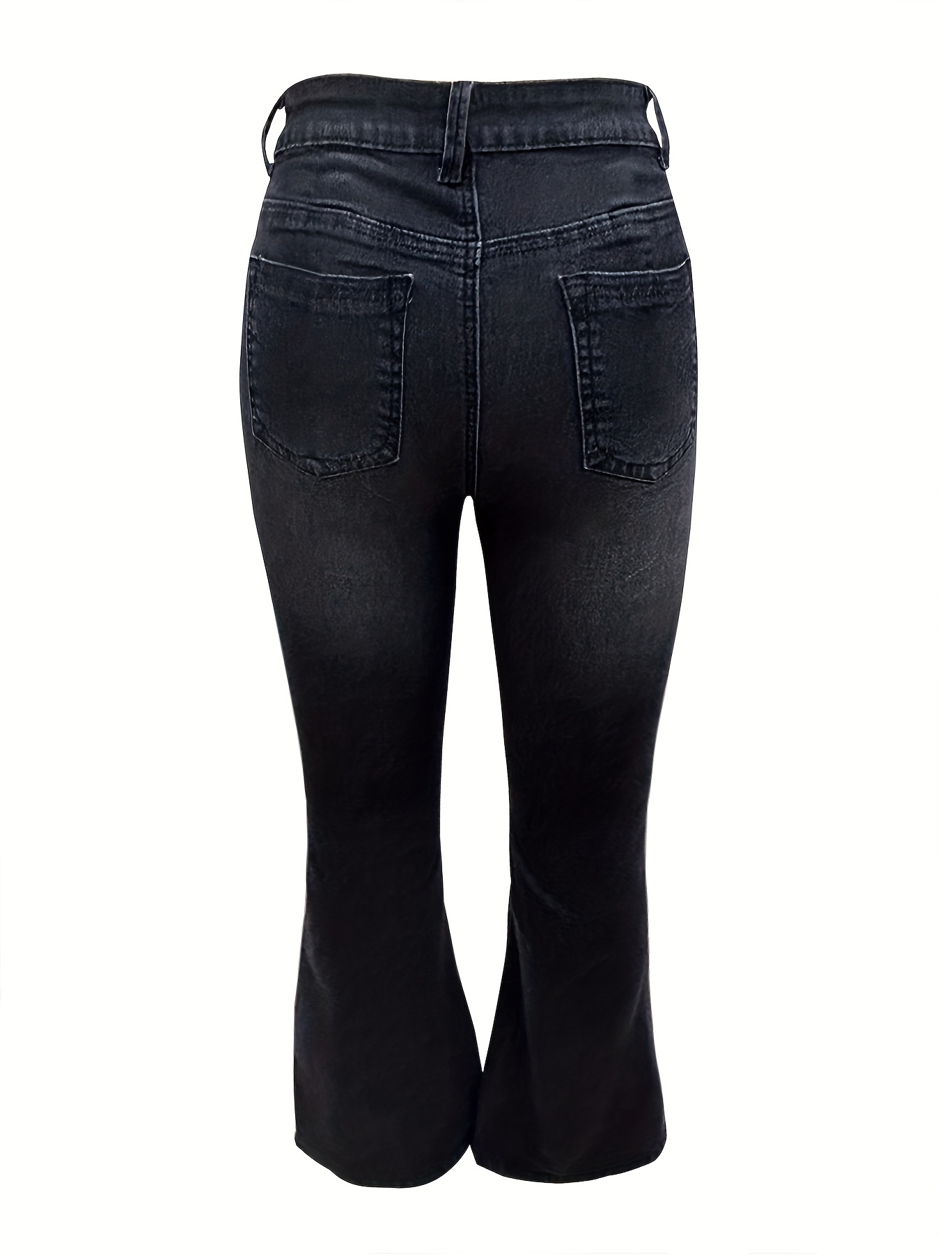 Black High * Flare Leg Jeans, Zipper Button Closure Solid Color Stretchy  Bell Bottoms Denim Pants, Women's Denim Jeans & Clothing