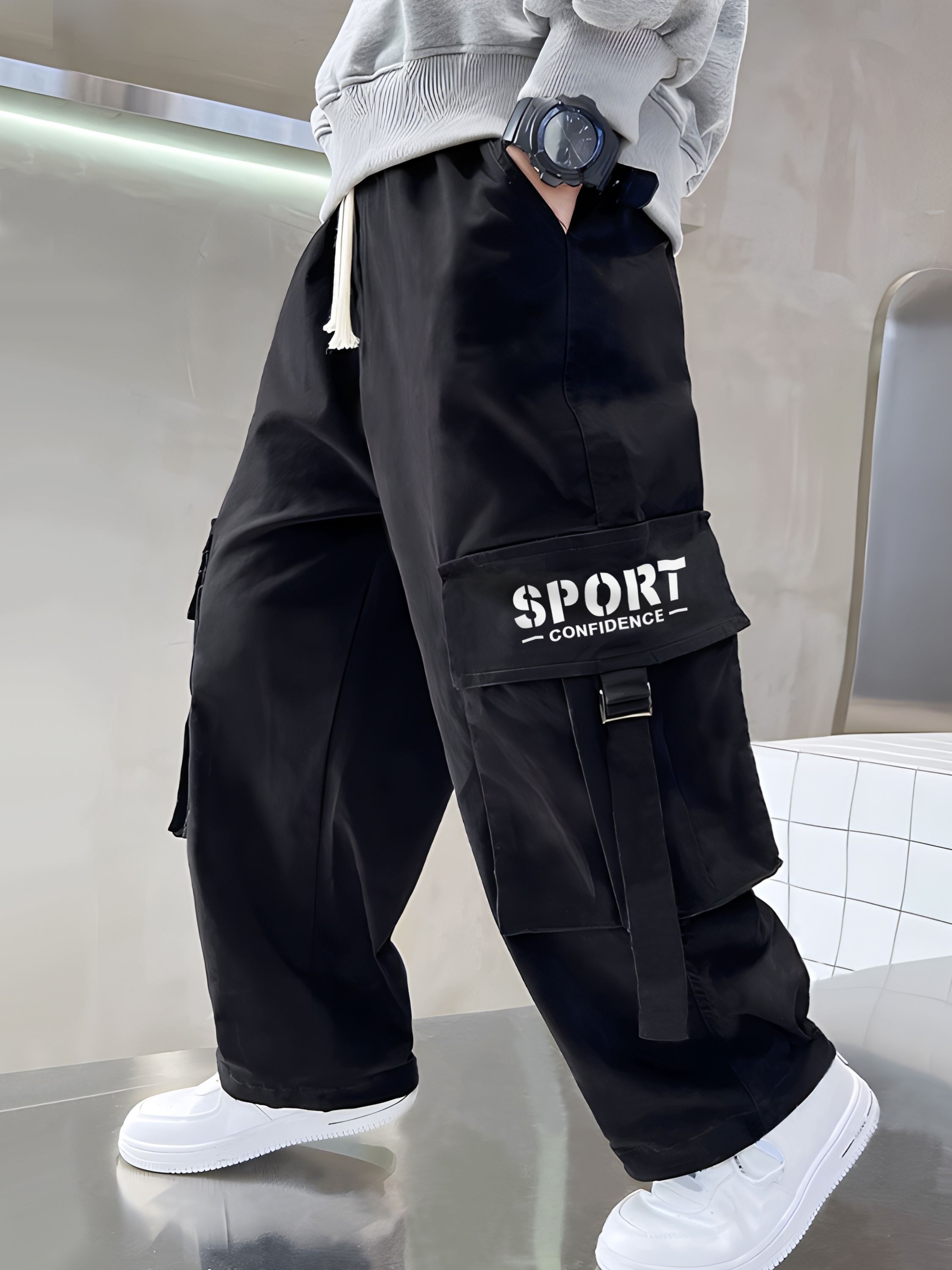 Boys' Cargo Jogger Pants with Elastic Waist Multiple Pockets Relaxed  Fit Machine-Washable Casual Trousers for Kids (Medium Large Sizes),