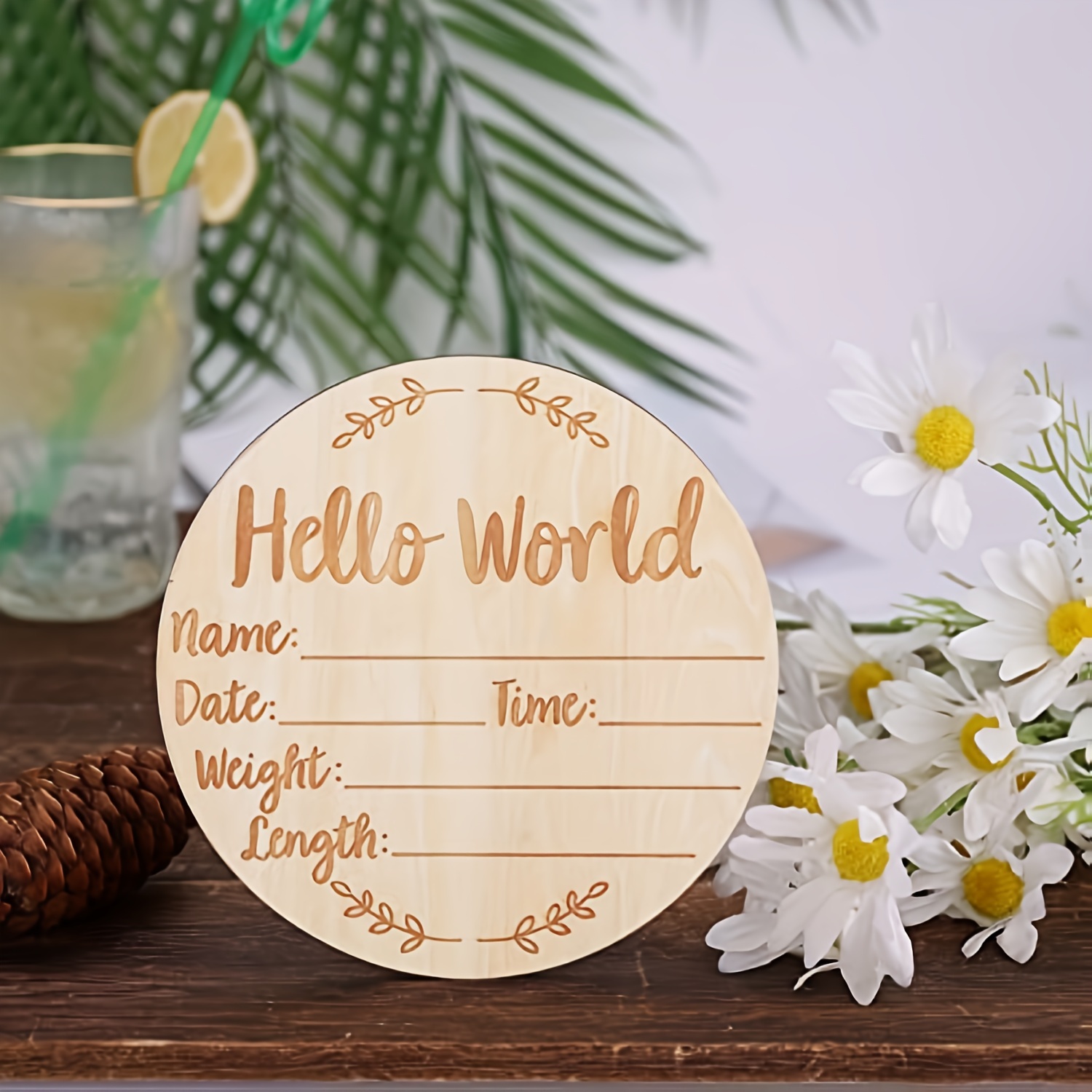 Routybits Hello World - Wood Newborn Baby Birth Announcement Sign - 5.5  Inch Rou