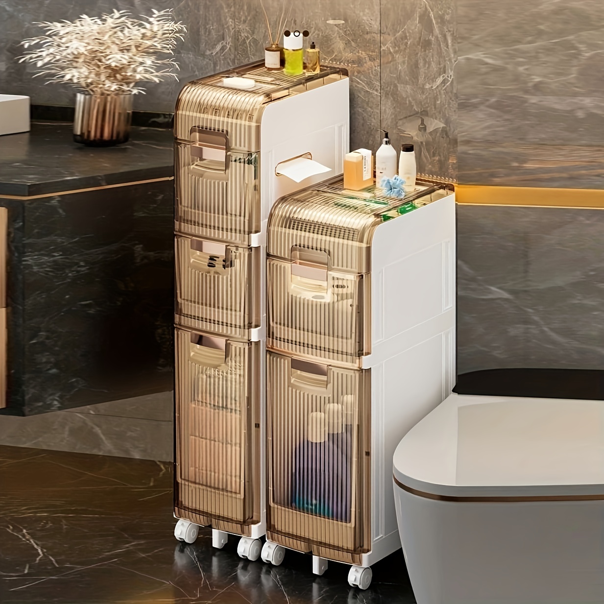 Small Bathroom Storage Cabinet Freestanding Side Cabinet Crevice Shelf  Towel Organizer Holder with Clear Drawers and Casters for Toilet Paper