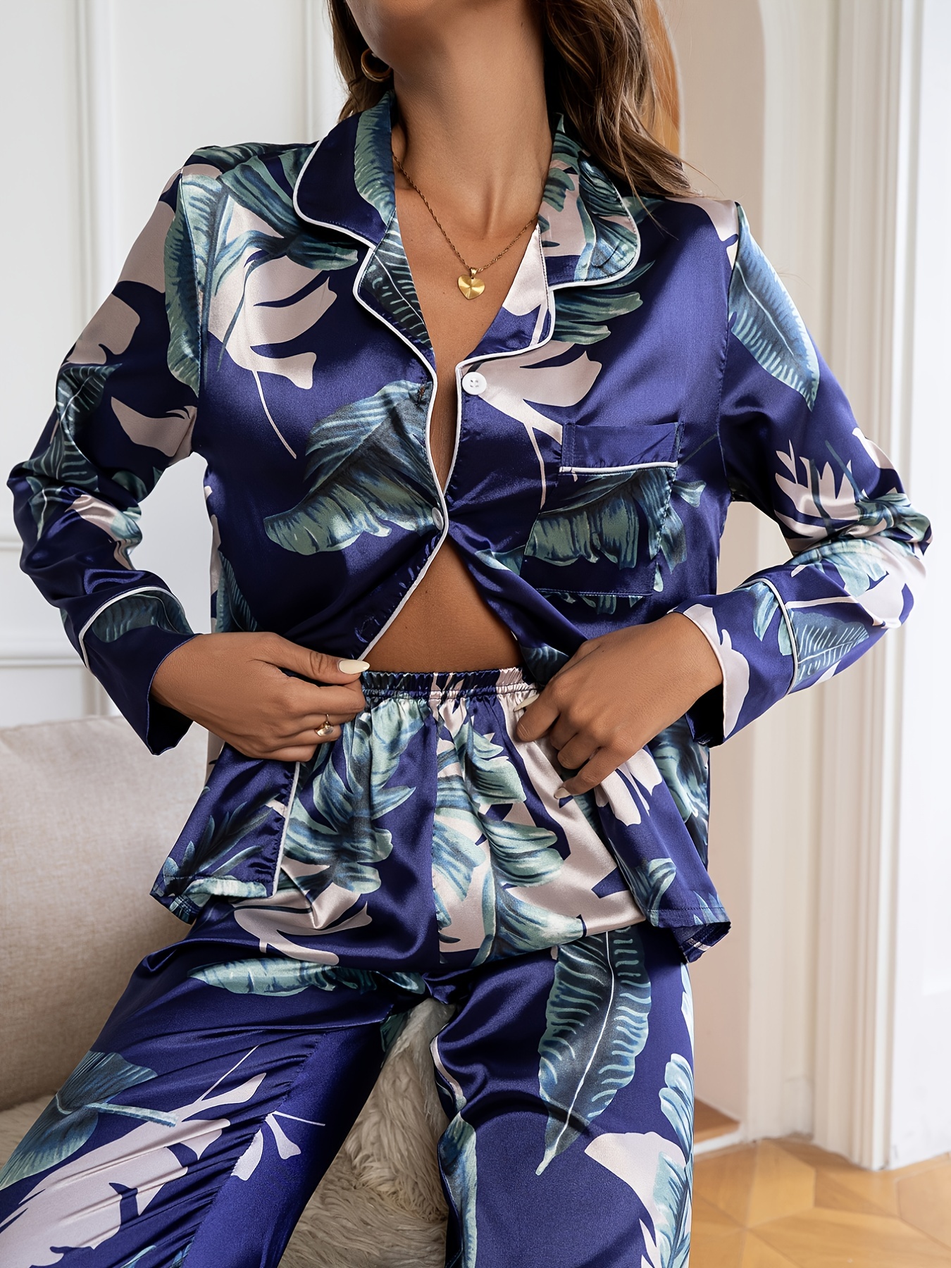Elegant Floral Print Pajama Set, Long Sleeve Button Up Top & Elastic  Waistband Pants, Women's Sleepwear & Loungewear - Temu
