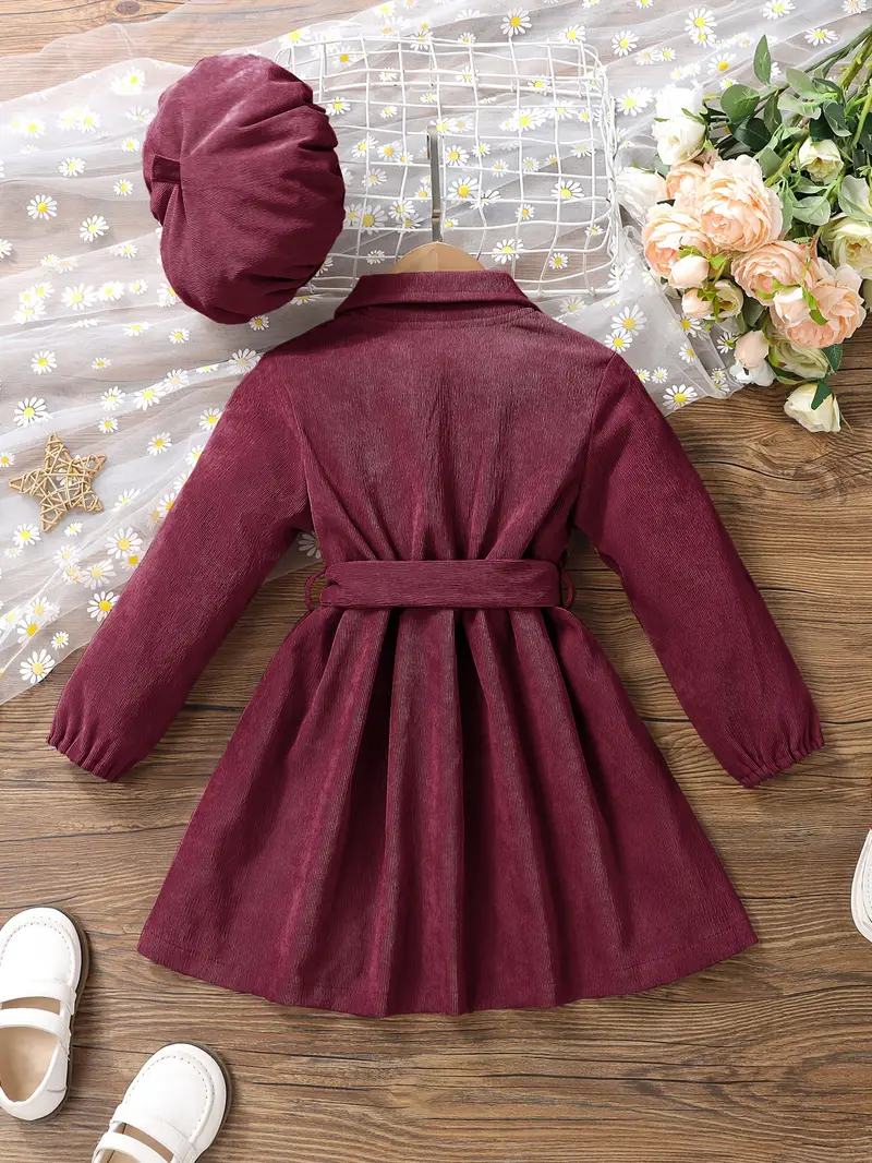 girls casual dress corduroy button front collar neck dresses with belt and hat set trendy kids autumn outfit details 25