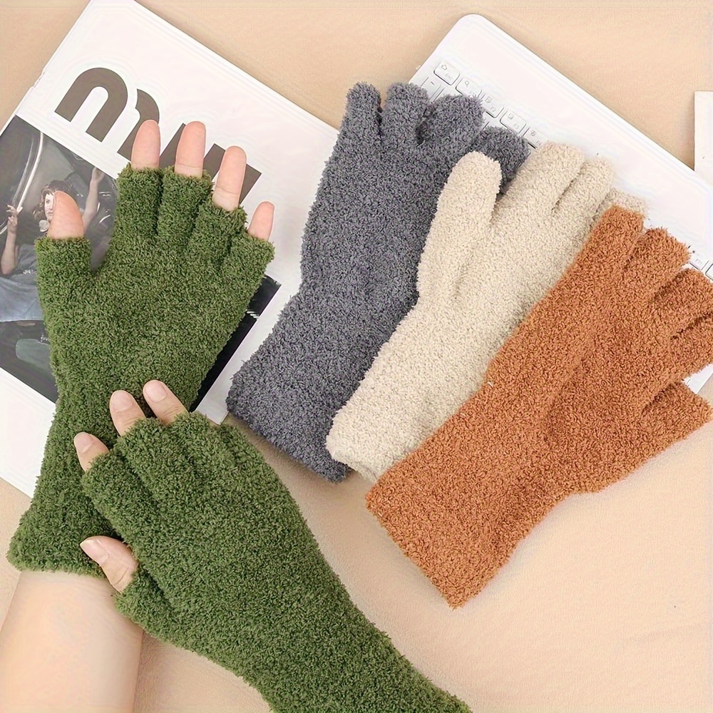 Adult Coral Fleece Fingerless Gloves Men Women Warm Half-fingers